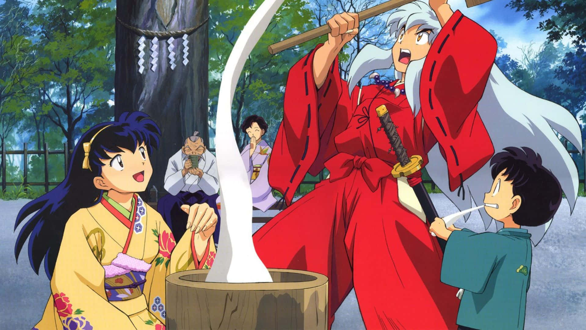 Kagome Higurashi, red-clad samurai, white hair, Full HD Desktop Wallpaper