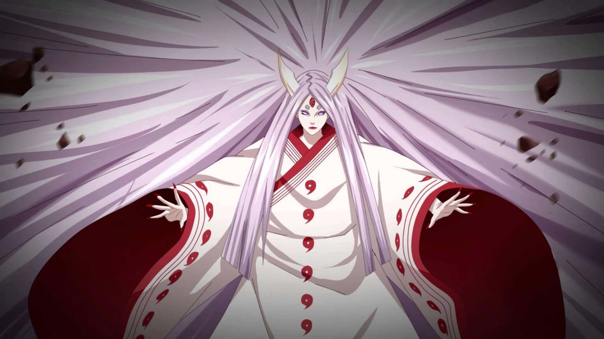 Kaguya Otsutsuki, long white hair, red robe, 2K Desktop Wallpaper