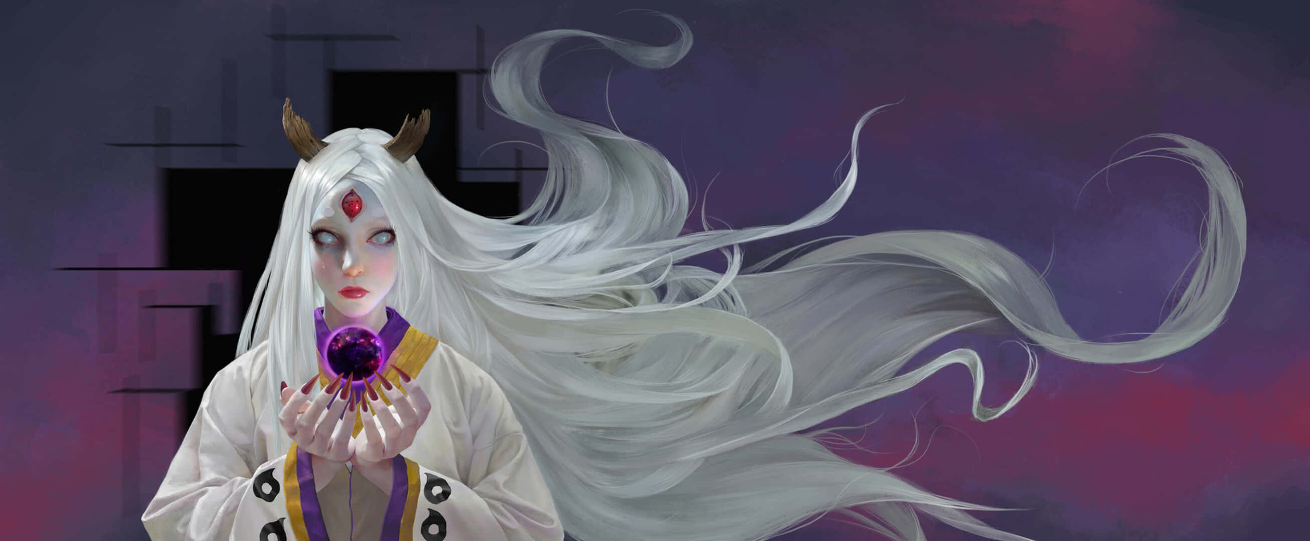 Kaguya Otsutsuki, long white hair, horns, 2K Desktop Wallpaper