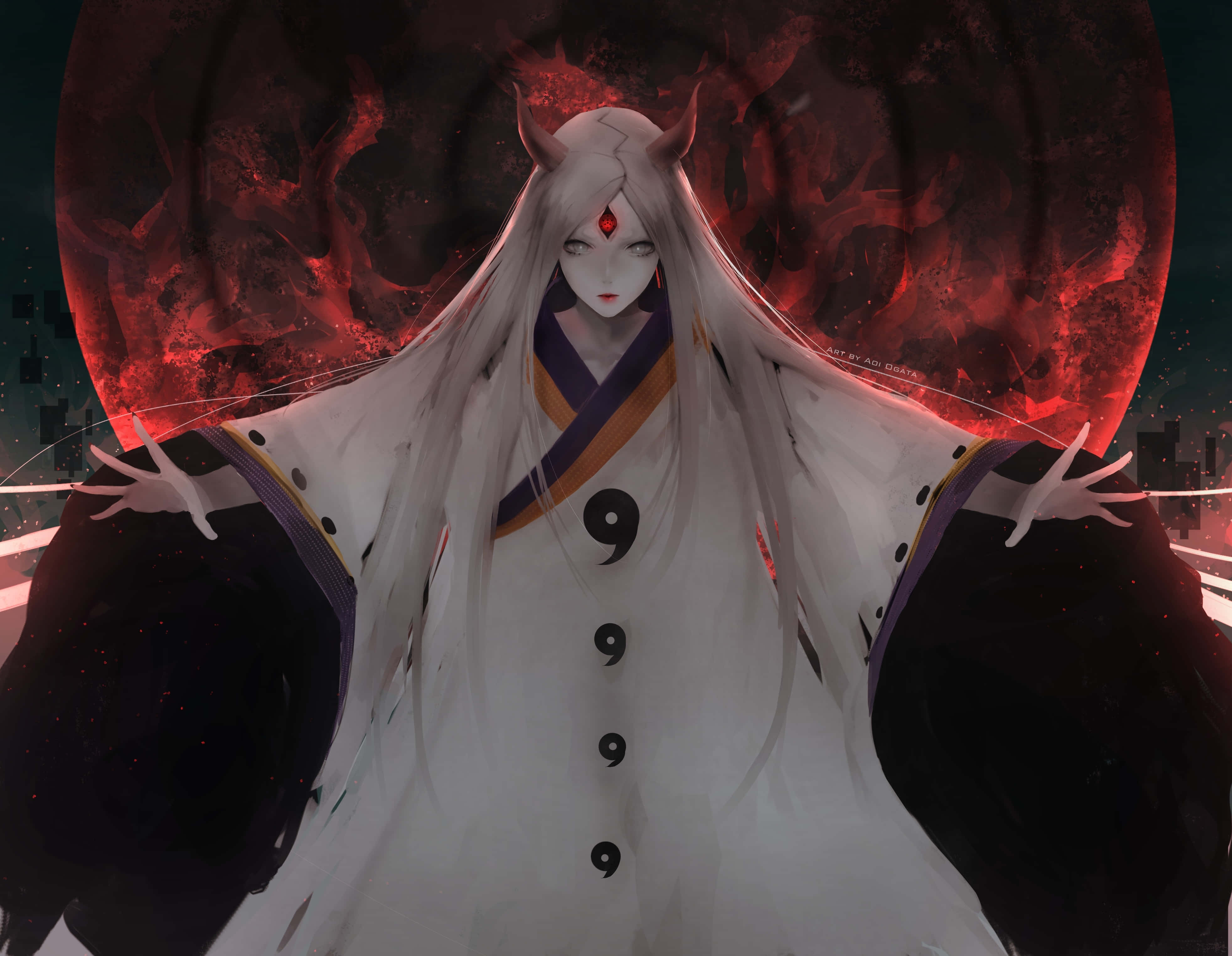 Kaguya Otsutsuki, red moon, white robe, 4K Desktop Wallpaper
