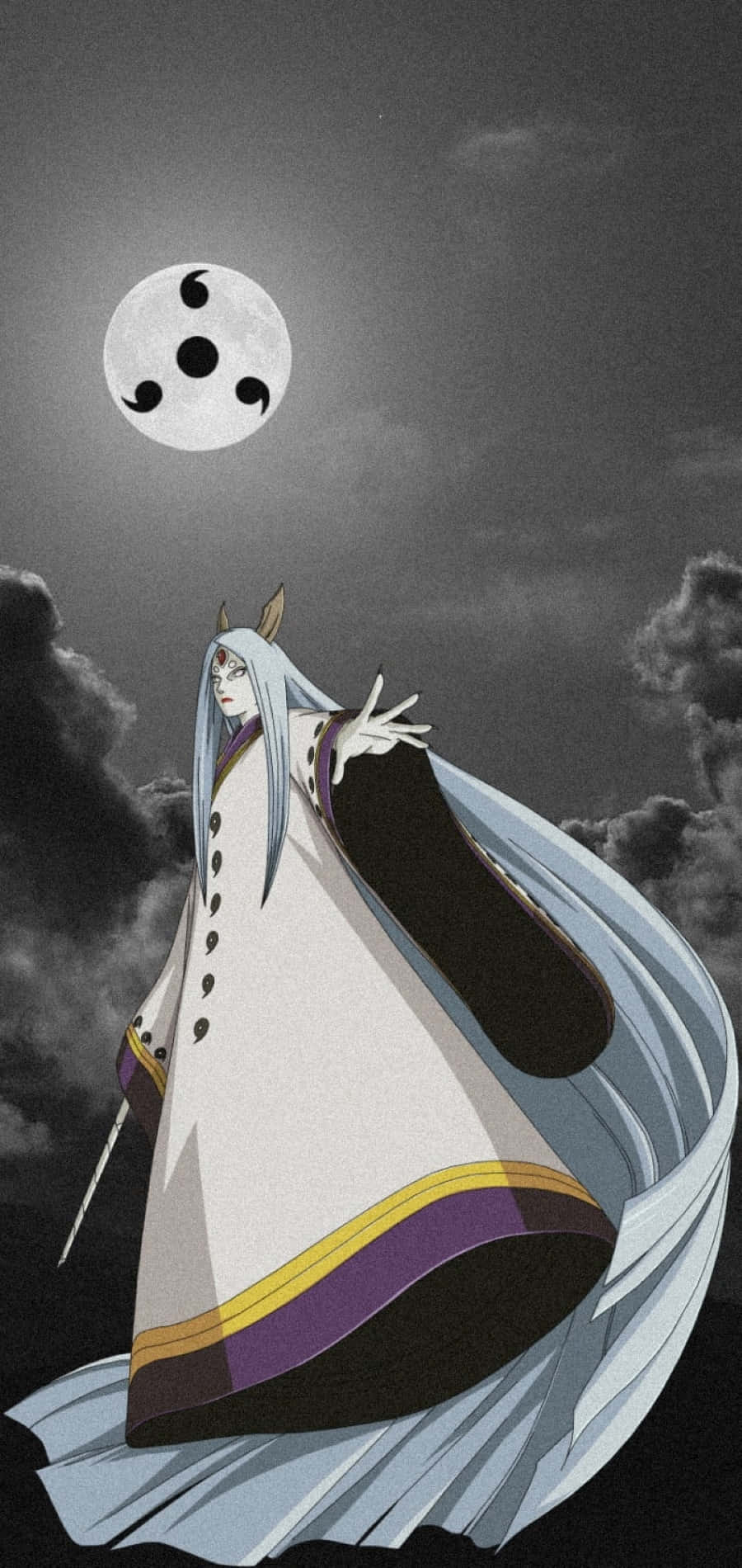 Kaguya Otsutsuki, three black tomoe symbols, stormy gray sky, HD Phone Wallpaper