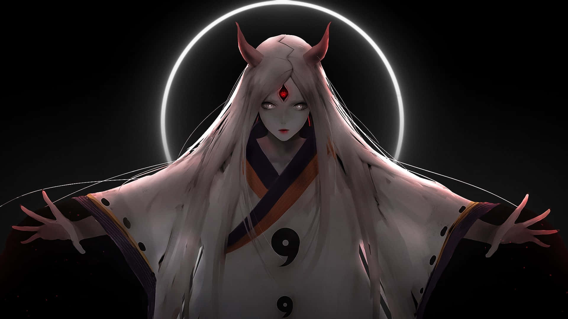 Kaguya Otsutsuki, white hair, red horns, Full HD Desktop Wallpaper