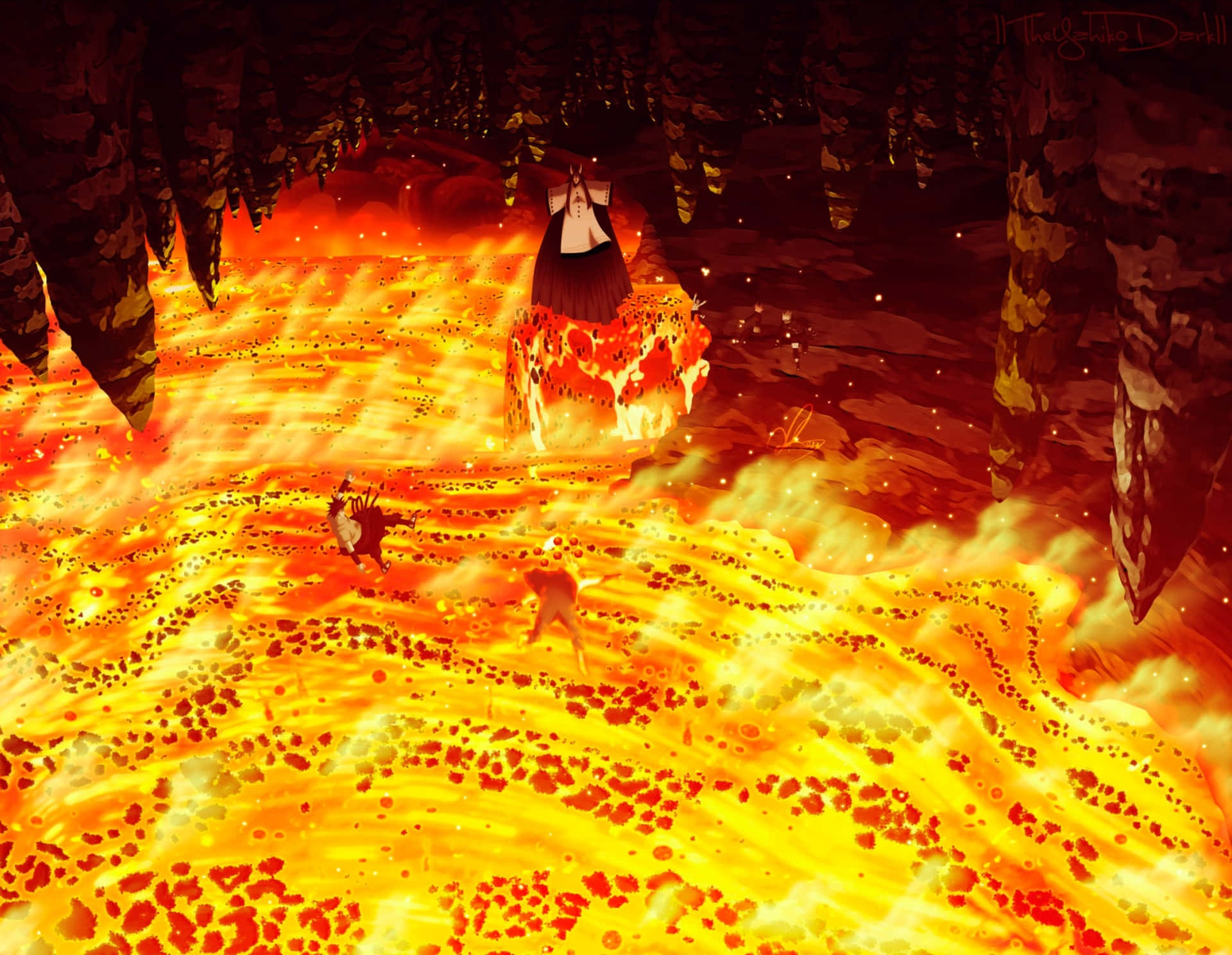 Kaguya Otsutsuki, dark dress, glowing lava river, Full HD Desktop Wallpaper