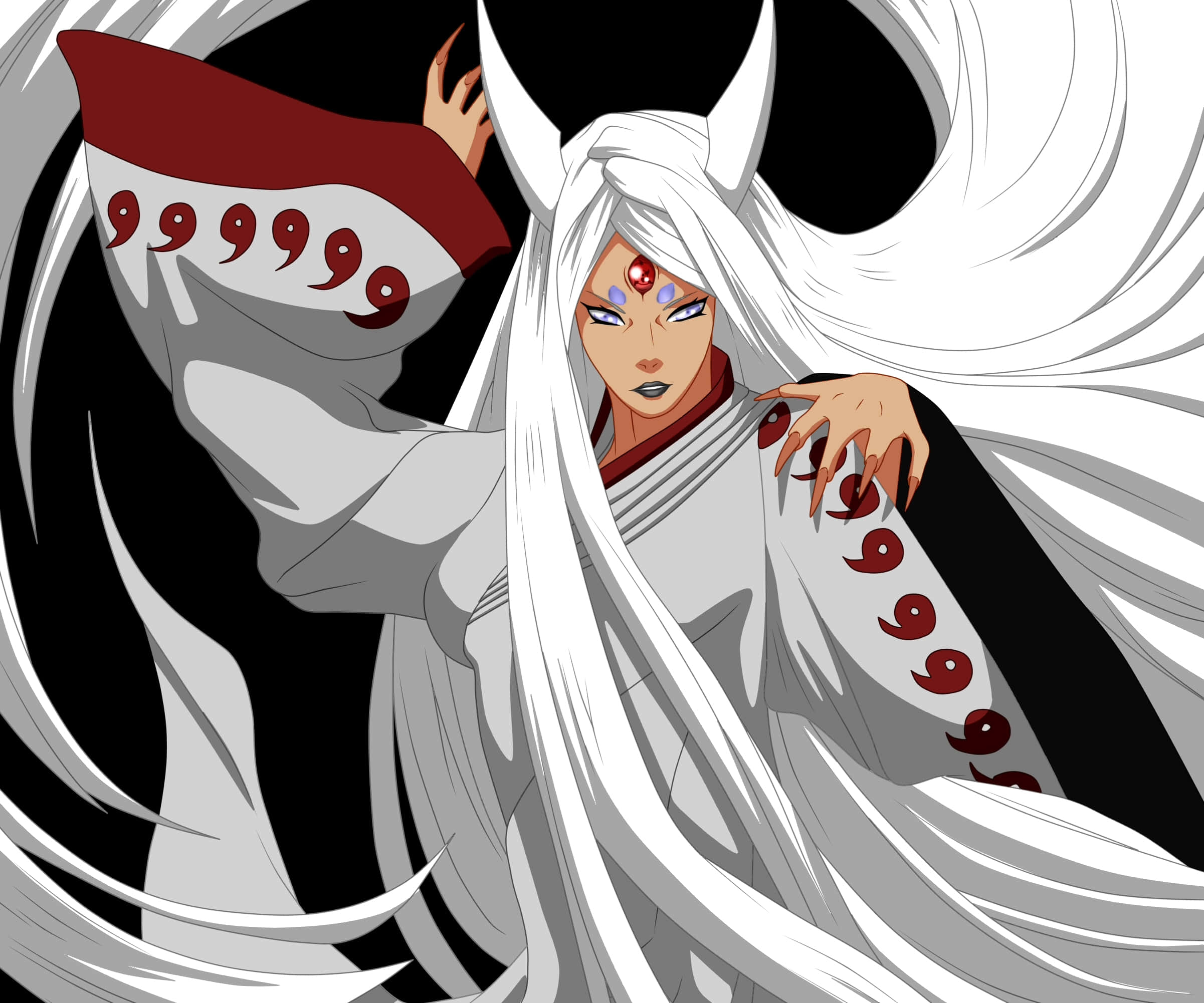 Kaguya Otsutsuki, long white hair, red markings on robe, Full HD Desktop Wallpaper
