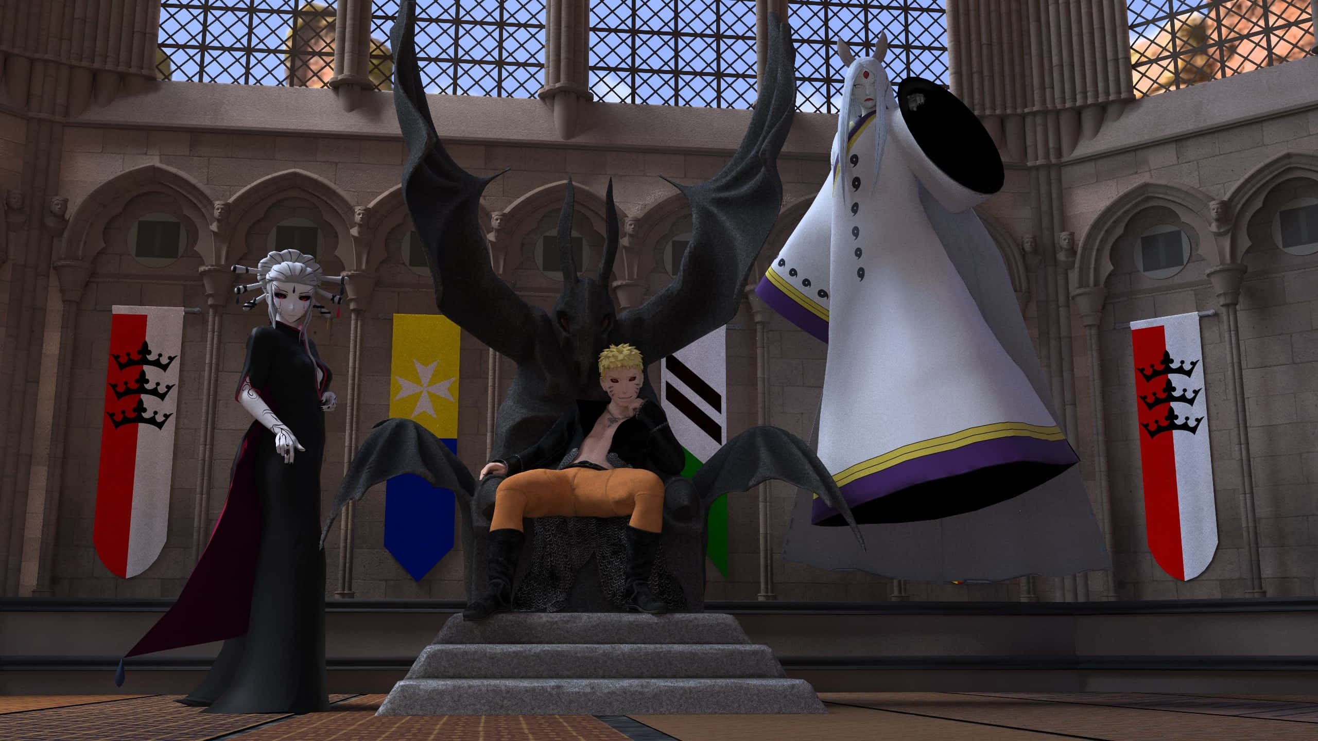 Kaguya Otsutsuki, bat wings, stone throne, 2K Desktop Wallpaper