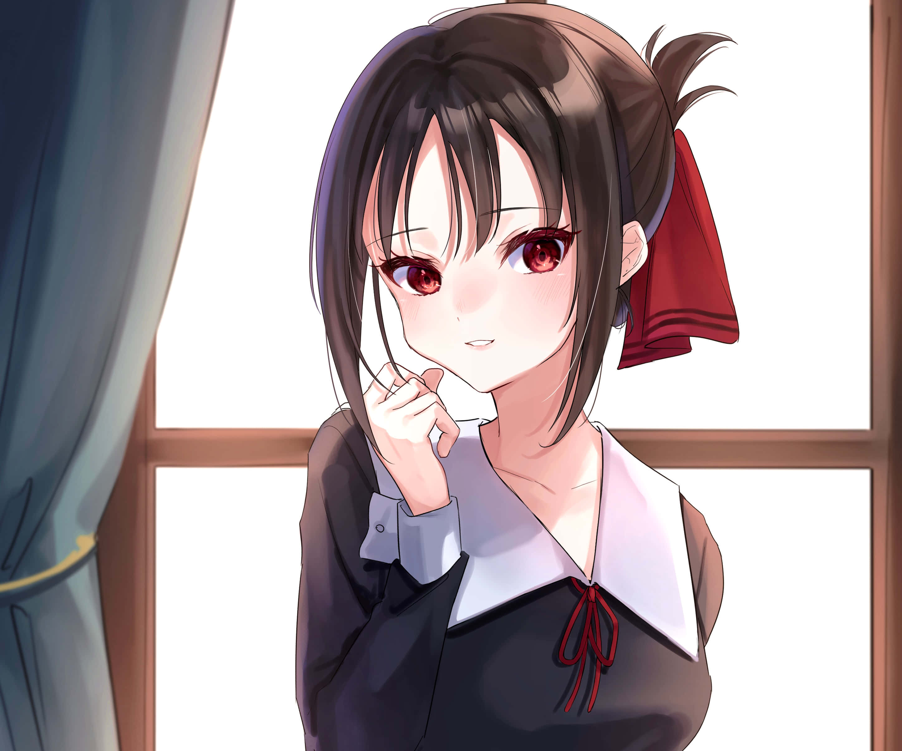 Kaguya Sama Love Is War, red eyes, red ribbon, 2K Desktop Wallpaper