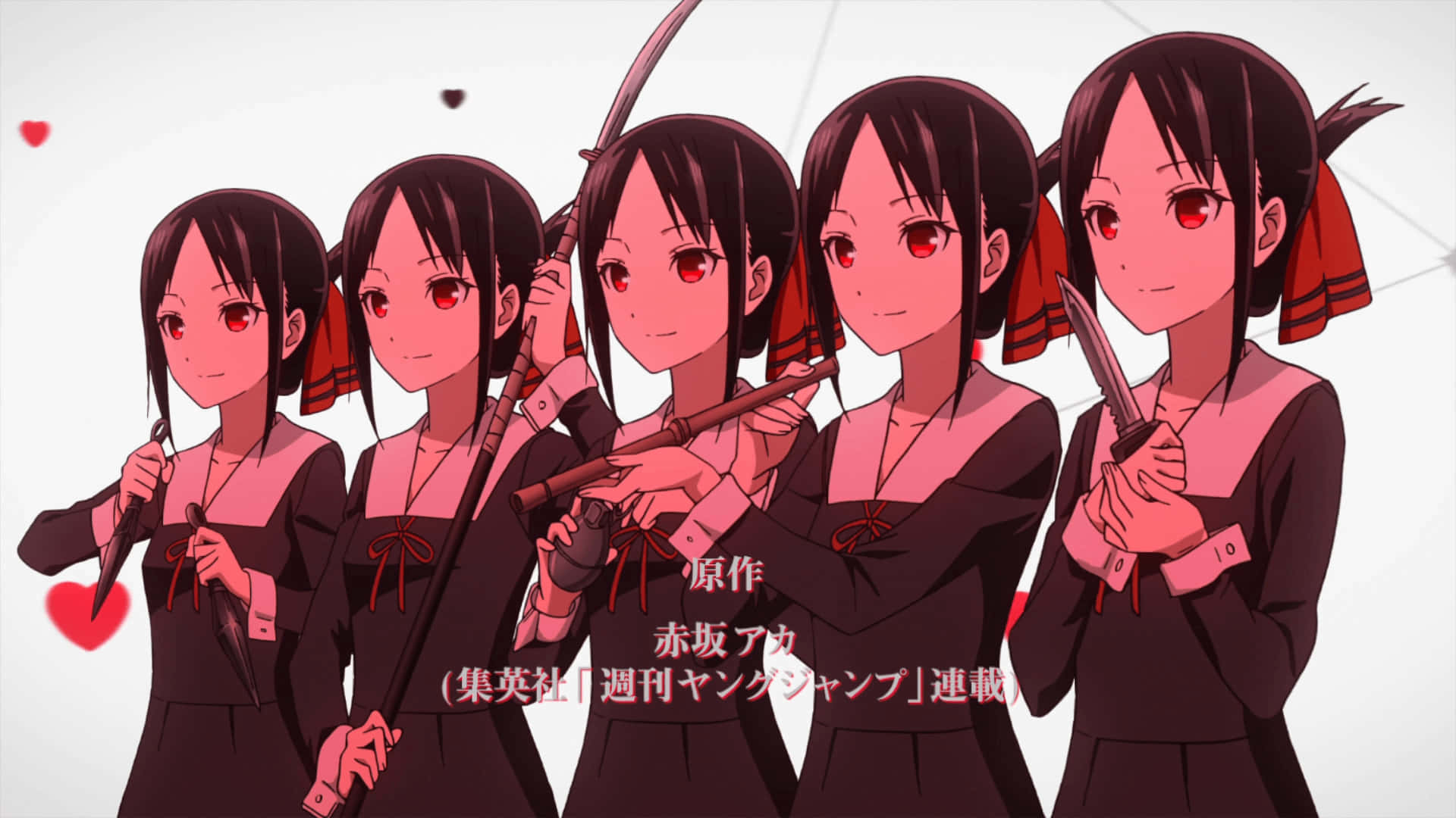 Kaguya Sama Love Is War, five anime girls, dark uniforms, Full HD Desktop Wallpaper