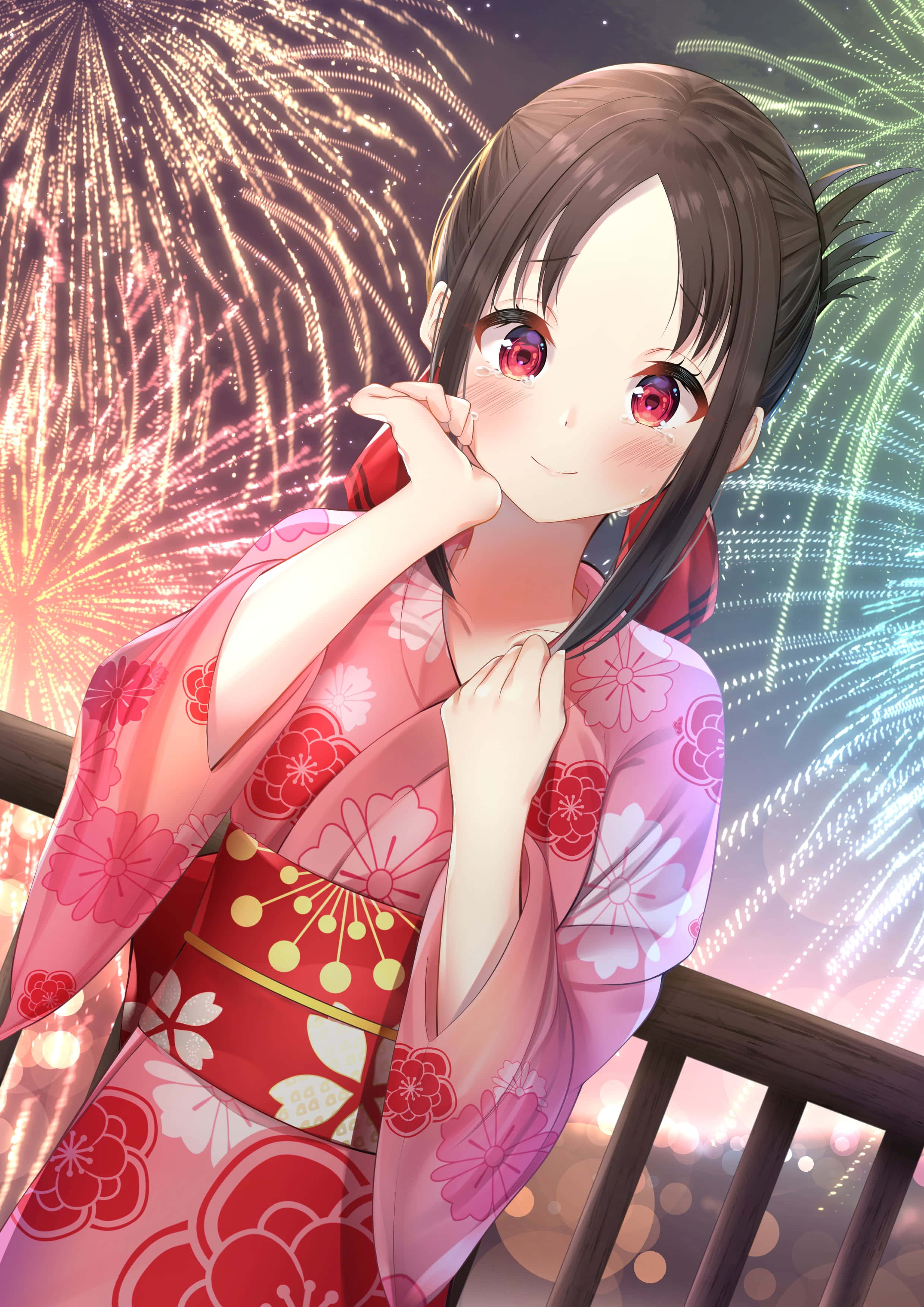 Kaguya Sama Love Is War, pink floral kimono, balcony, 2K Phone Wallpaper