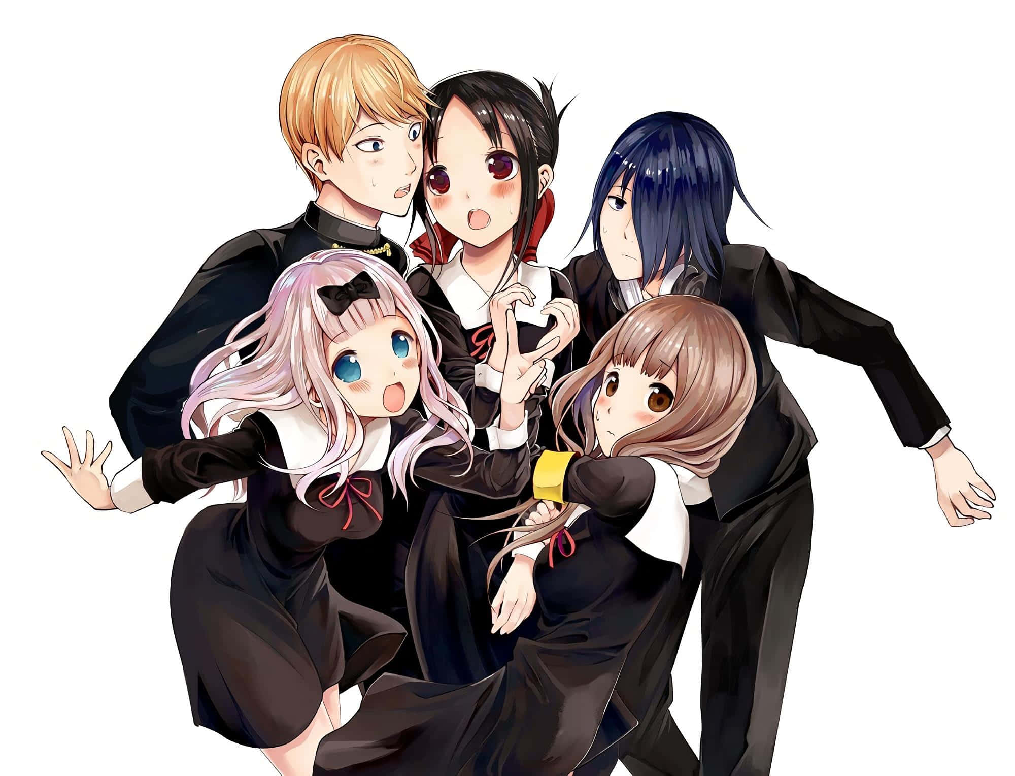 Kaguya Sama Love Is War, black school uniforms, white background, Full HD Desktop Wallpaper