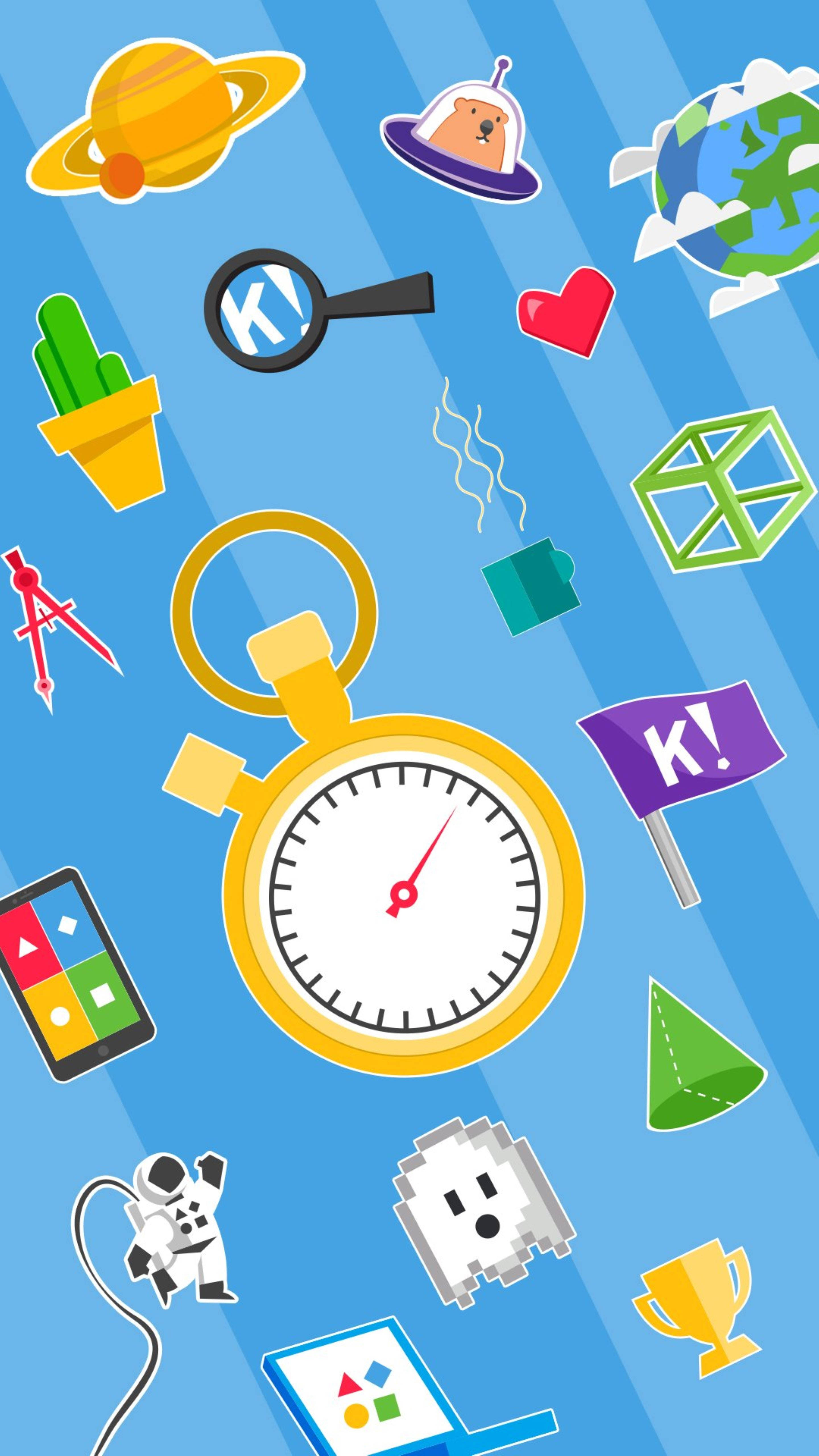 Kahoot, vibrant blue background, floating colorful icons, 5K Phone Wallpaper
