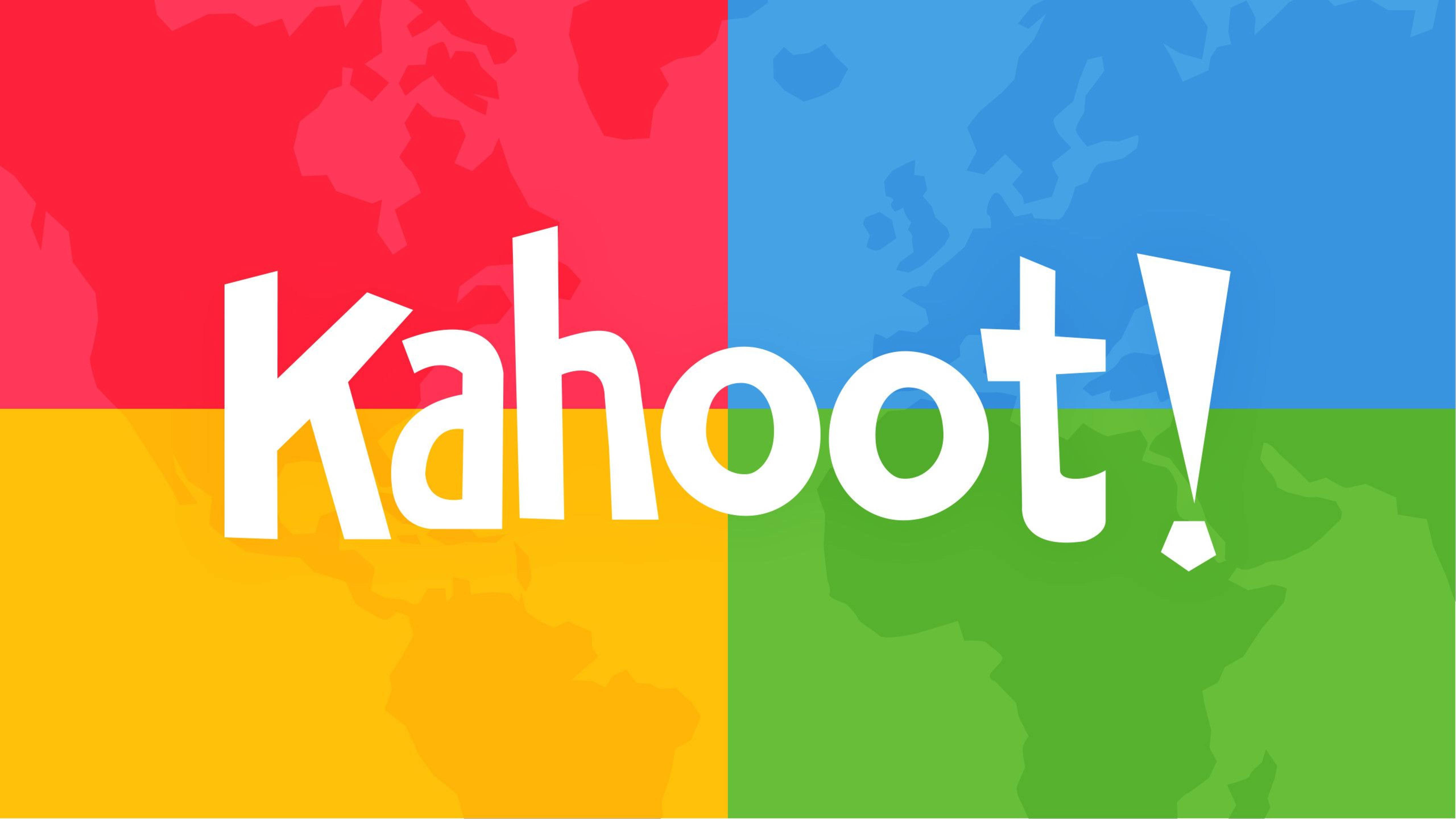 Kahoot!, white letters, vibrant four-color world map, 5K Desktop Wallpaper