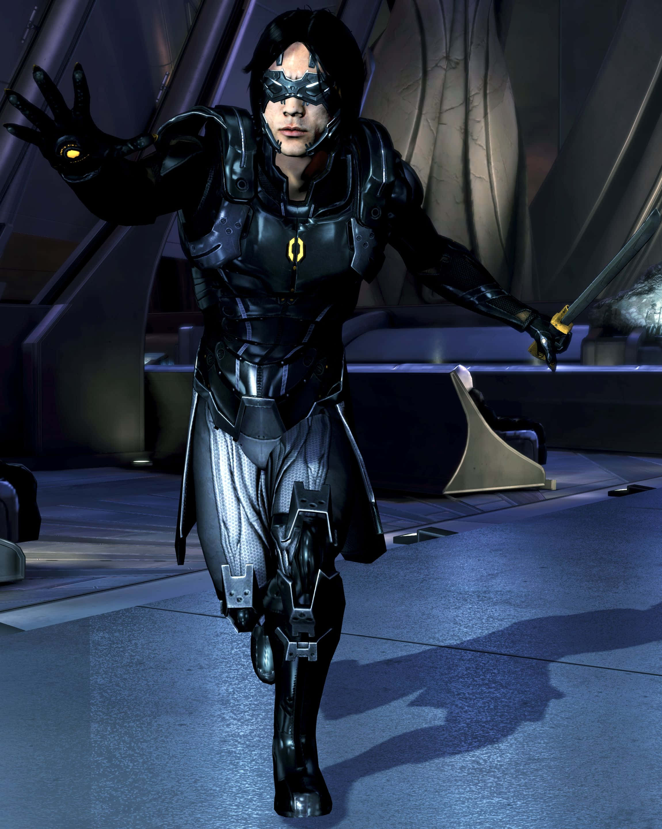 Kai Leng, black armored suit, glowing yellow accents, 2K Phone Wallpaper