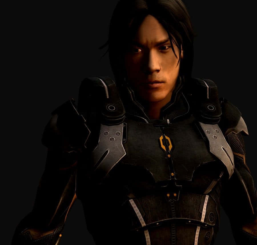 Kai Leng, dark futuristic armor, glowing orange accents, SD Desktop Wallpaper