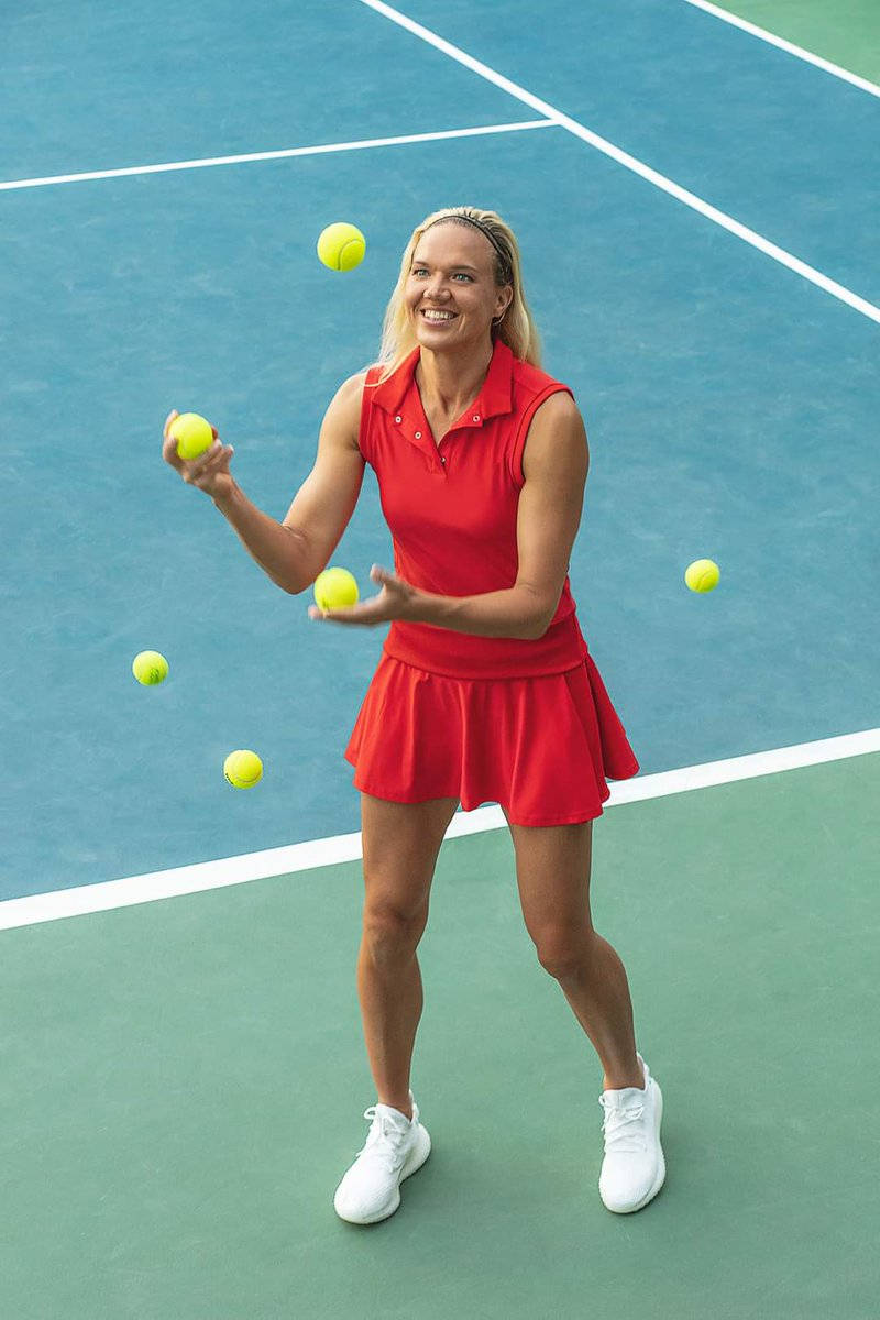 Kaia Kanepi, red tennis outfit, bright yellow balls, SD Phone Wallpaper