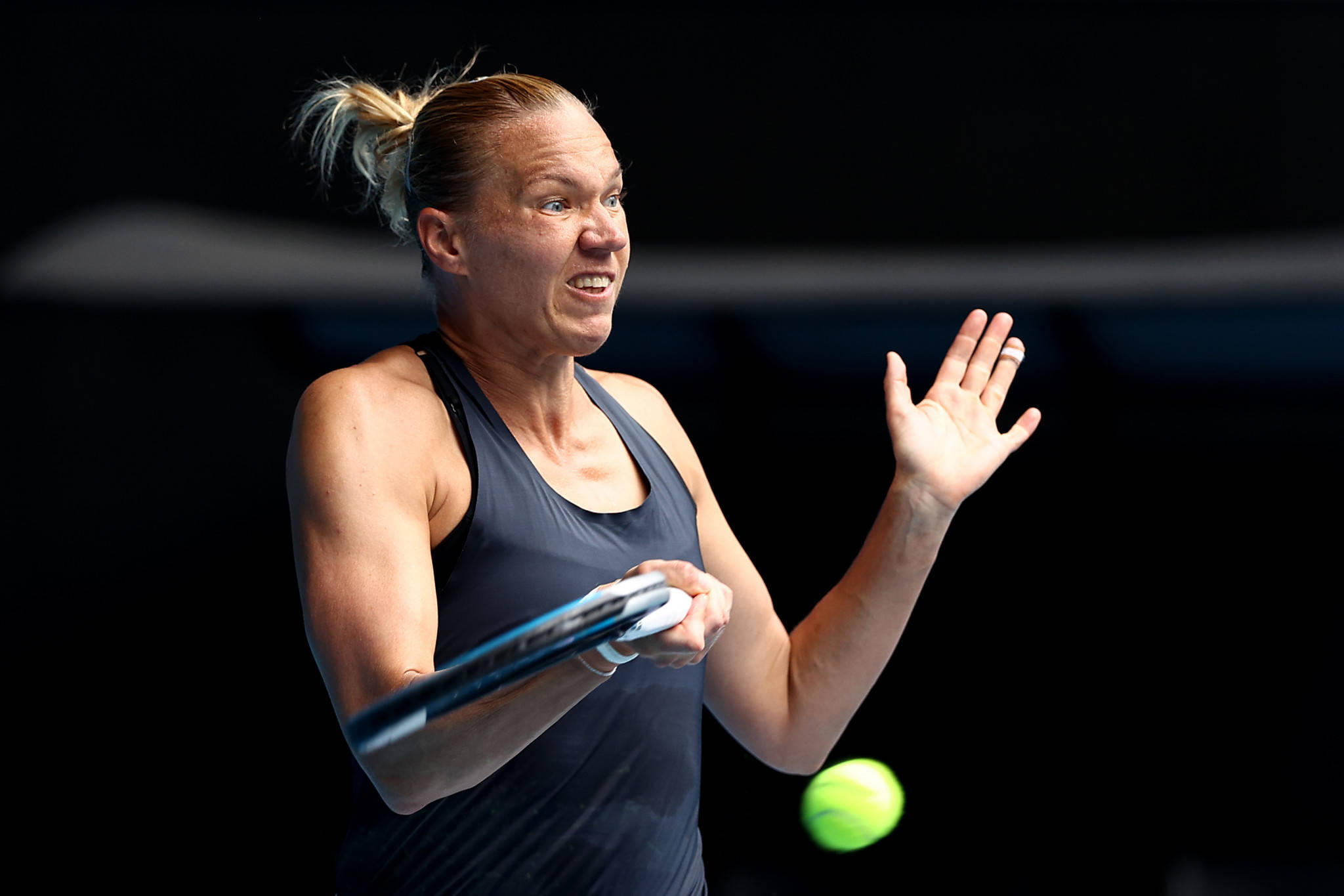 Kaia Kanepi, dark tank top, bright green ball, Full HD Desktop Wallpaper