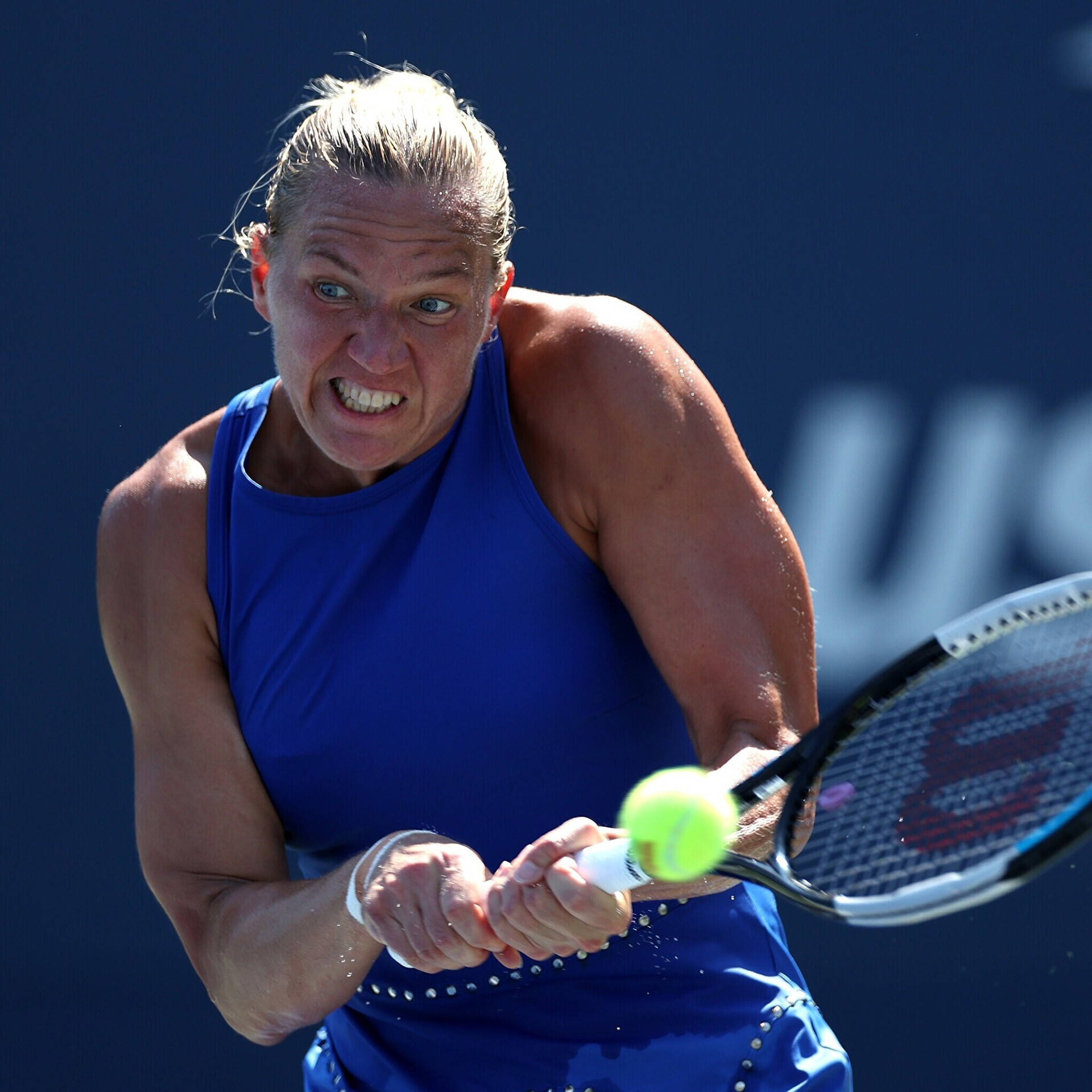 Kaia Kanepi, blue outfit, yellow tennis ball, Full HD Desktop Wallpaper
