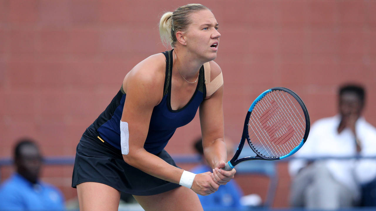Kaia Kanepi, blue outfit, racket, HD Desktop Wallpaper