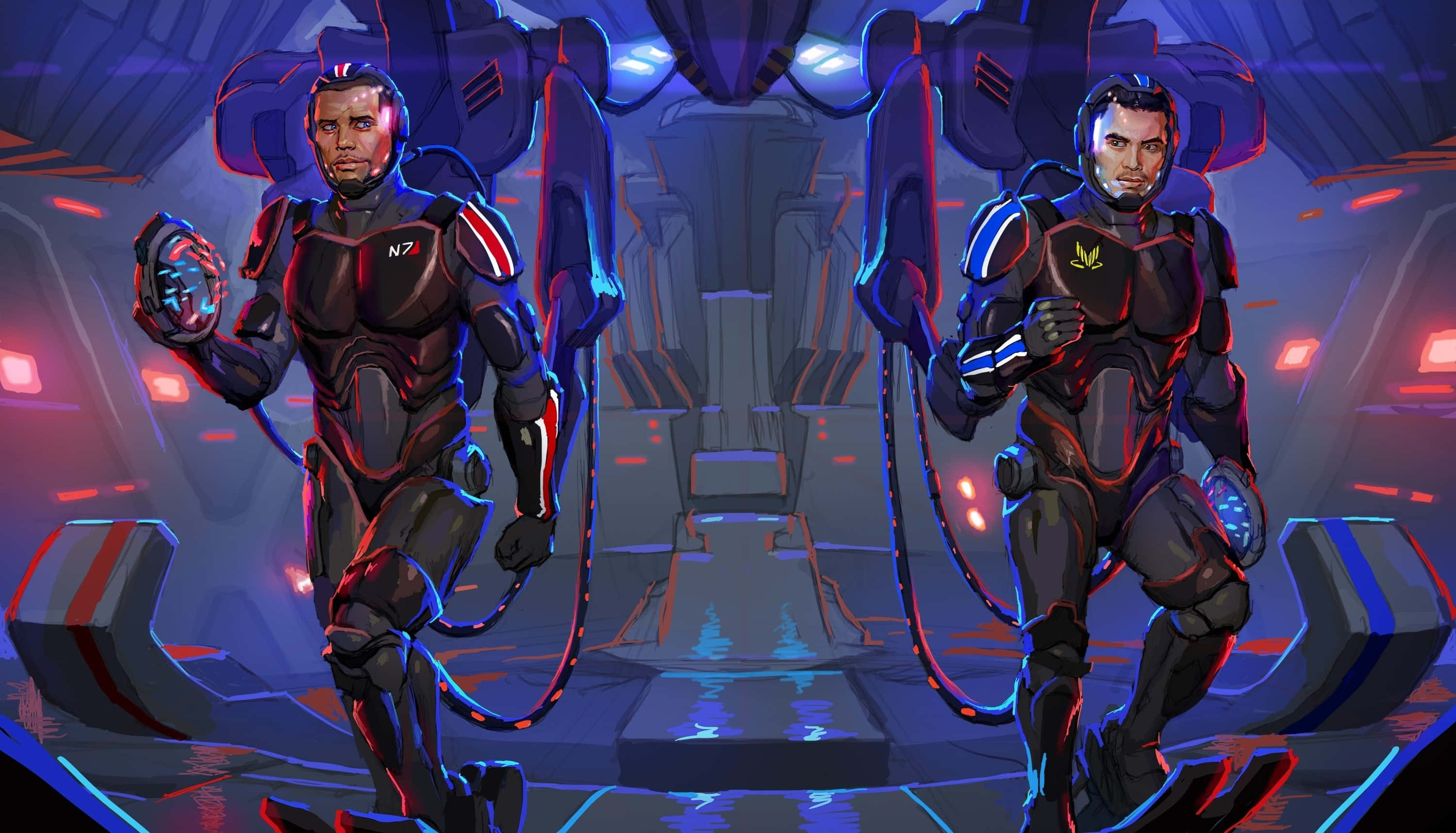Kaidan Alenko, 3000 x 1717, neon-lit sci-fi corridor, 2K Desktop Wallpaper