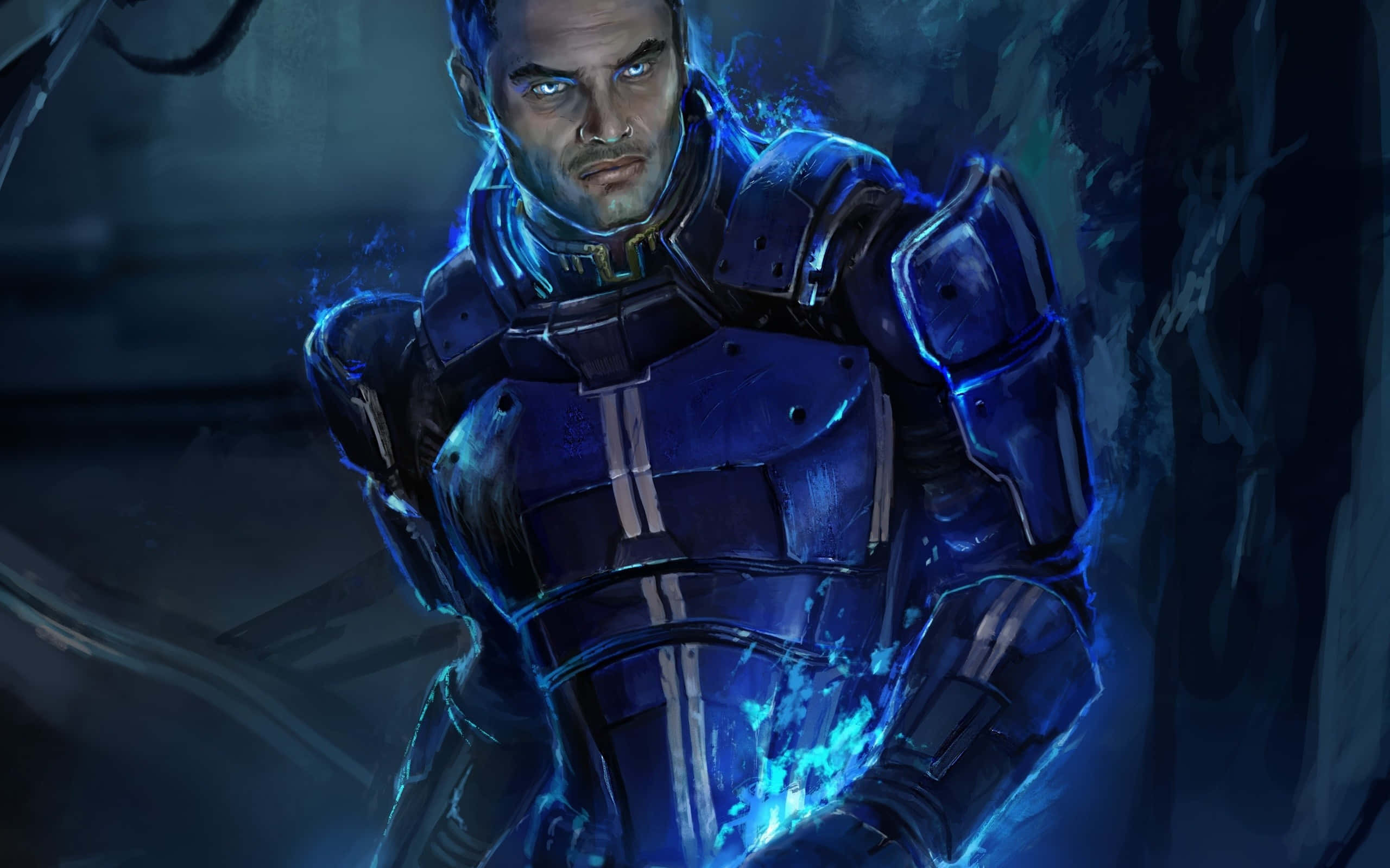 Kaidan Alenko, glowing blue armor, electric energy, 2K Desktop Wallpaper