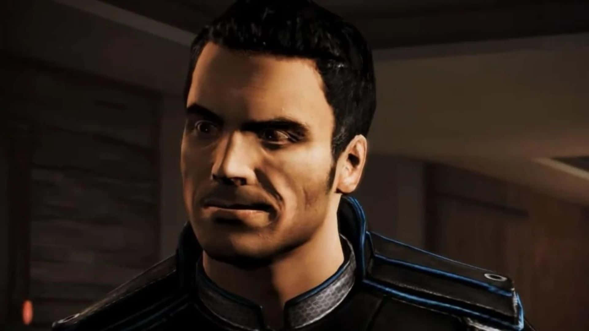 Kaidan Alenko, futuristic black and blue uniform, dimly lit interior background, Full HD Desktop Wallpaper