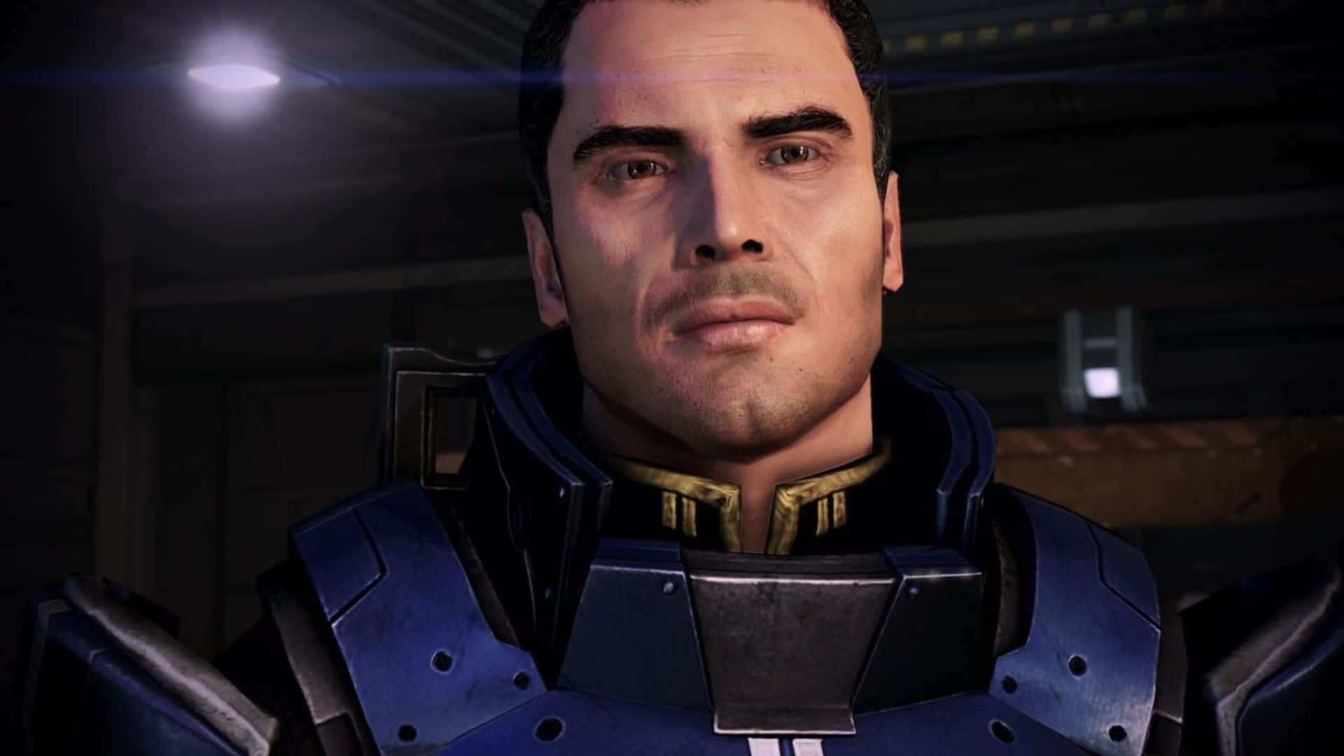 Kaidan Alenko, blue and gold futuristic armor, dim industrial lighting, Full HD Desktop Wallpaper