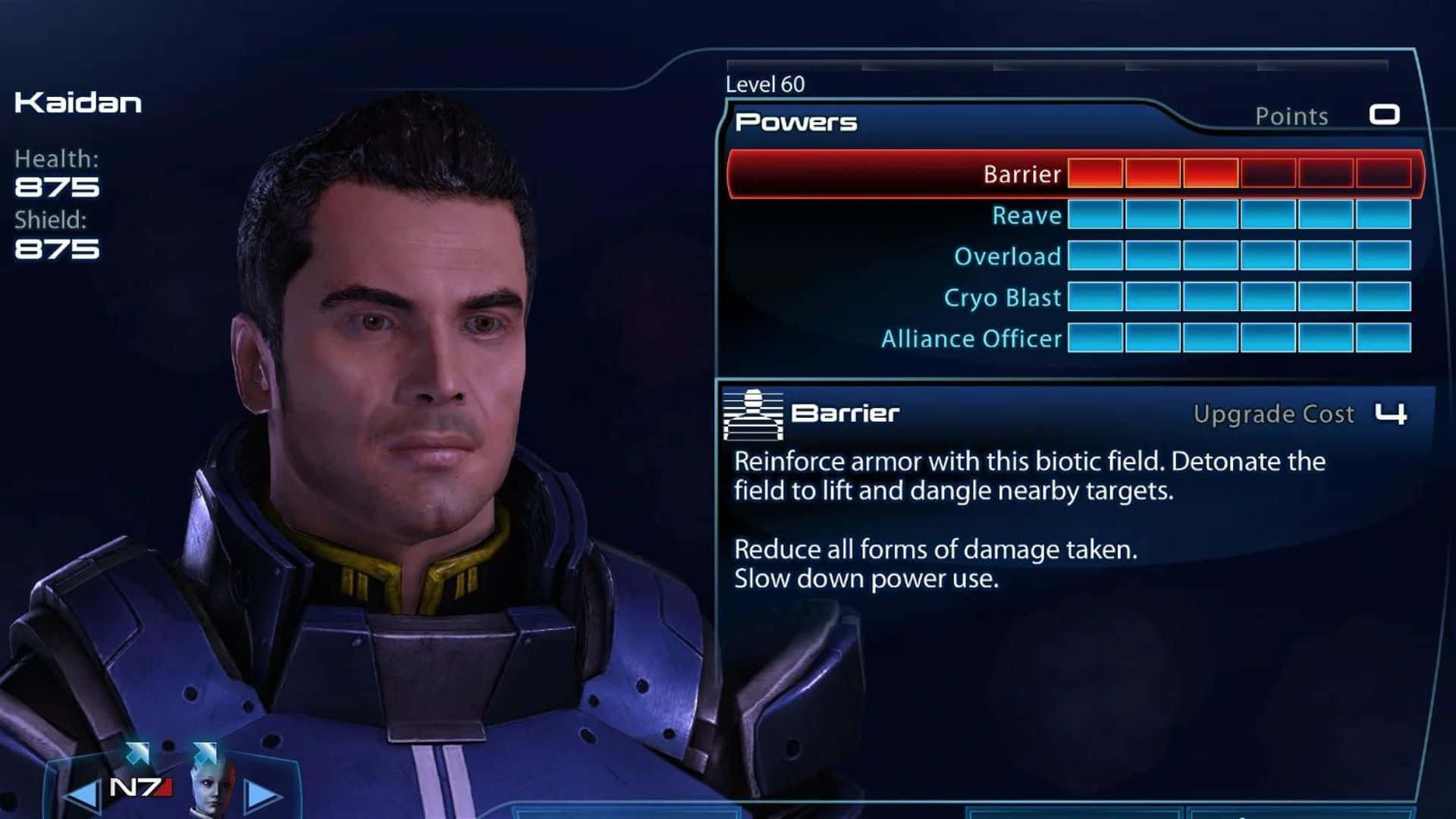 Kaidan Alenko, blue armor, level 60 powers menu, Full HD Desktop Wallpaper