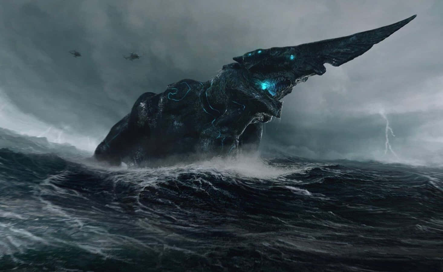 Kaiju, colossal dark sea monster, glowing blue eyes, HD Desktop Wallpaper