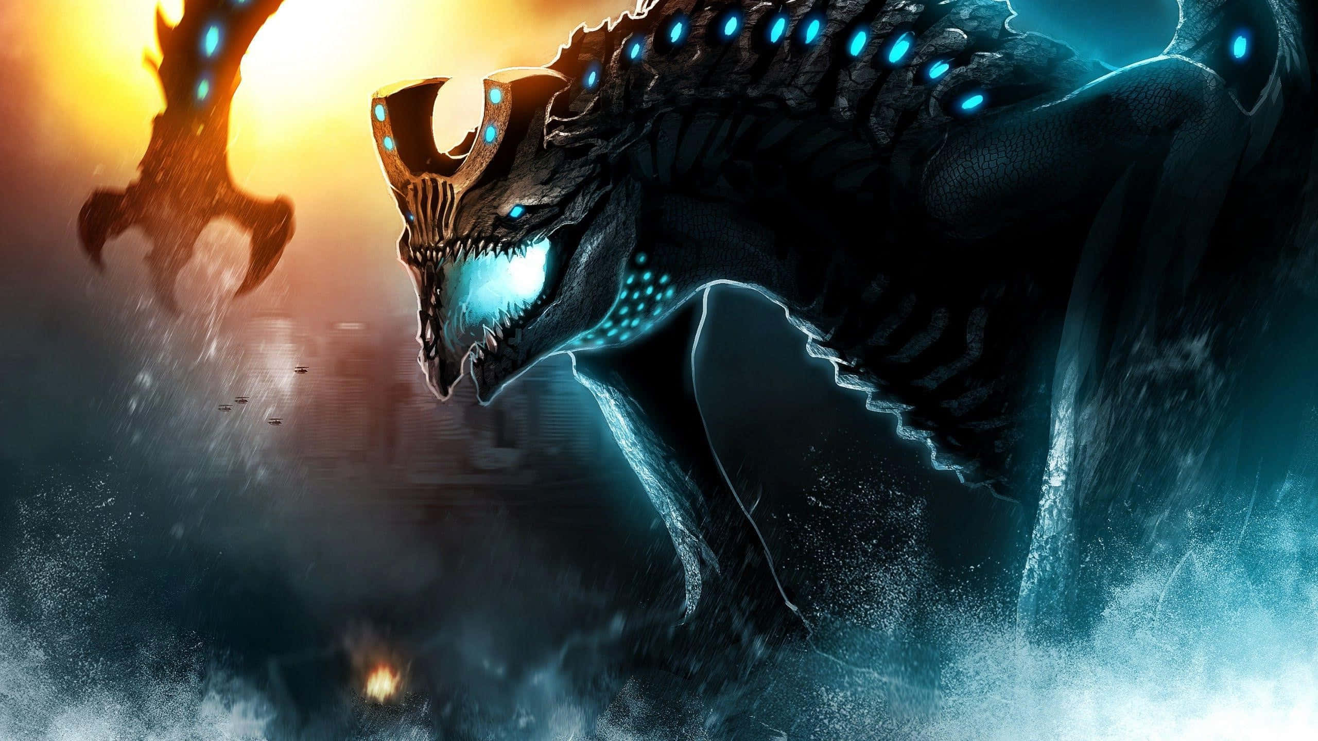 Kaiju, dark dragon, glowing blue eyes, 2K Desktop Wallpaper