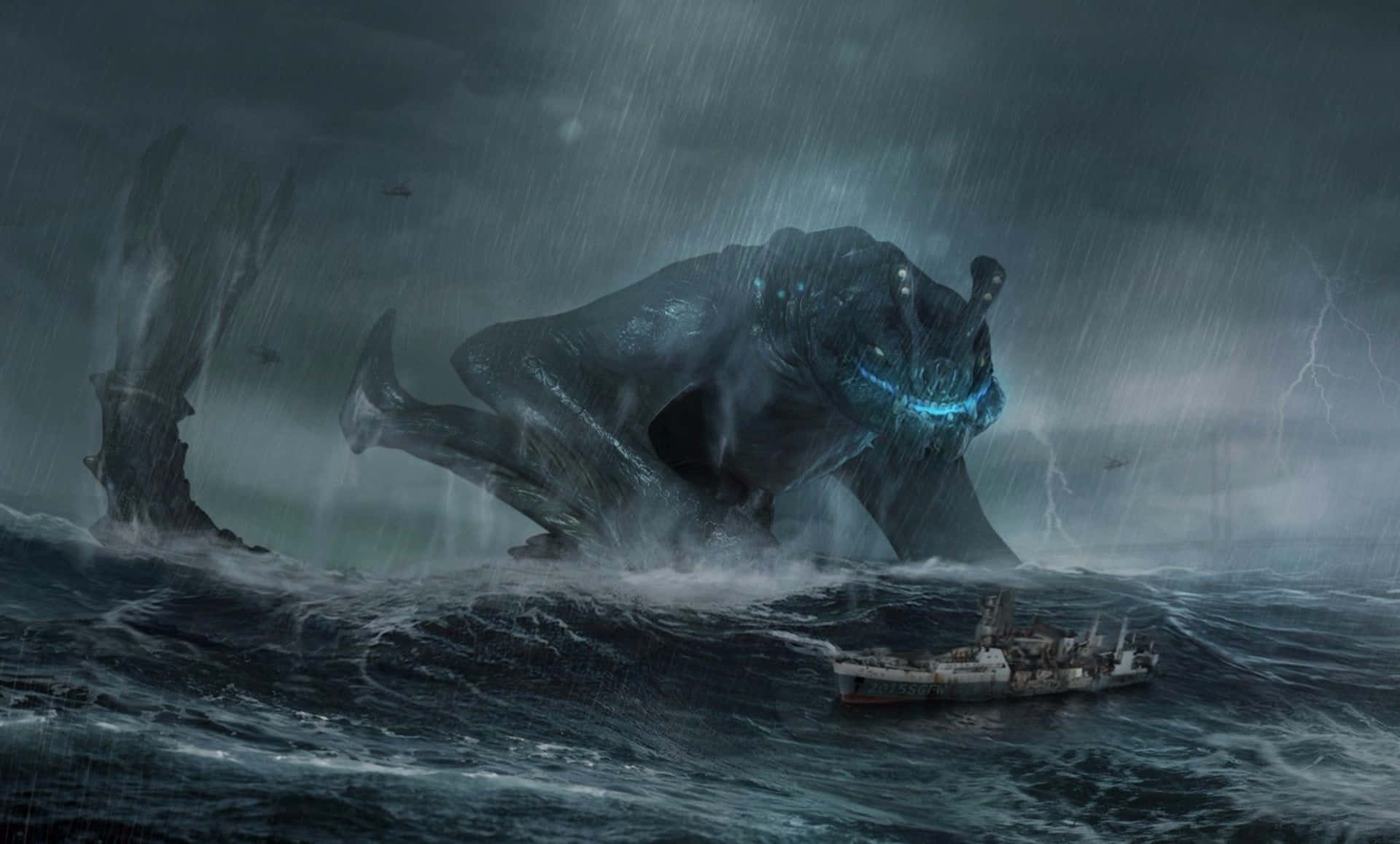 Kaiju, colossal sea monster, glowing blue eyes, Full HD Desktop Wallpaper