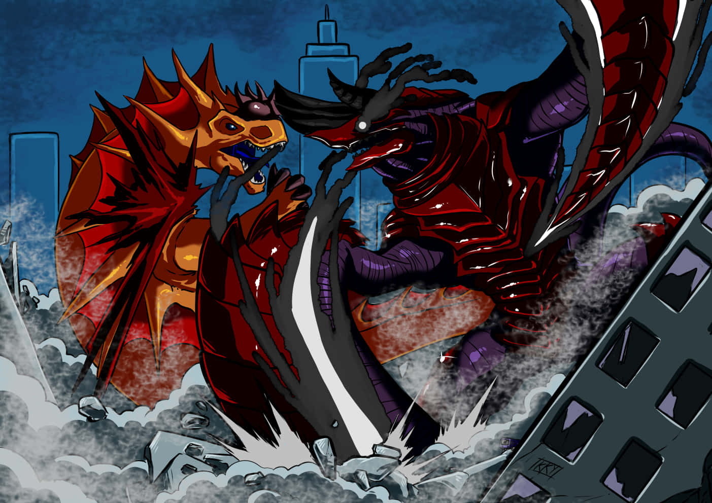 Kaiju, colossal dragons, shattered skyscrapers, HD Desktop Wallpaper