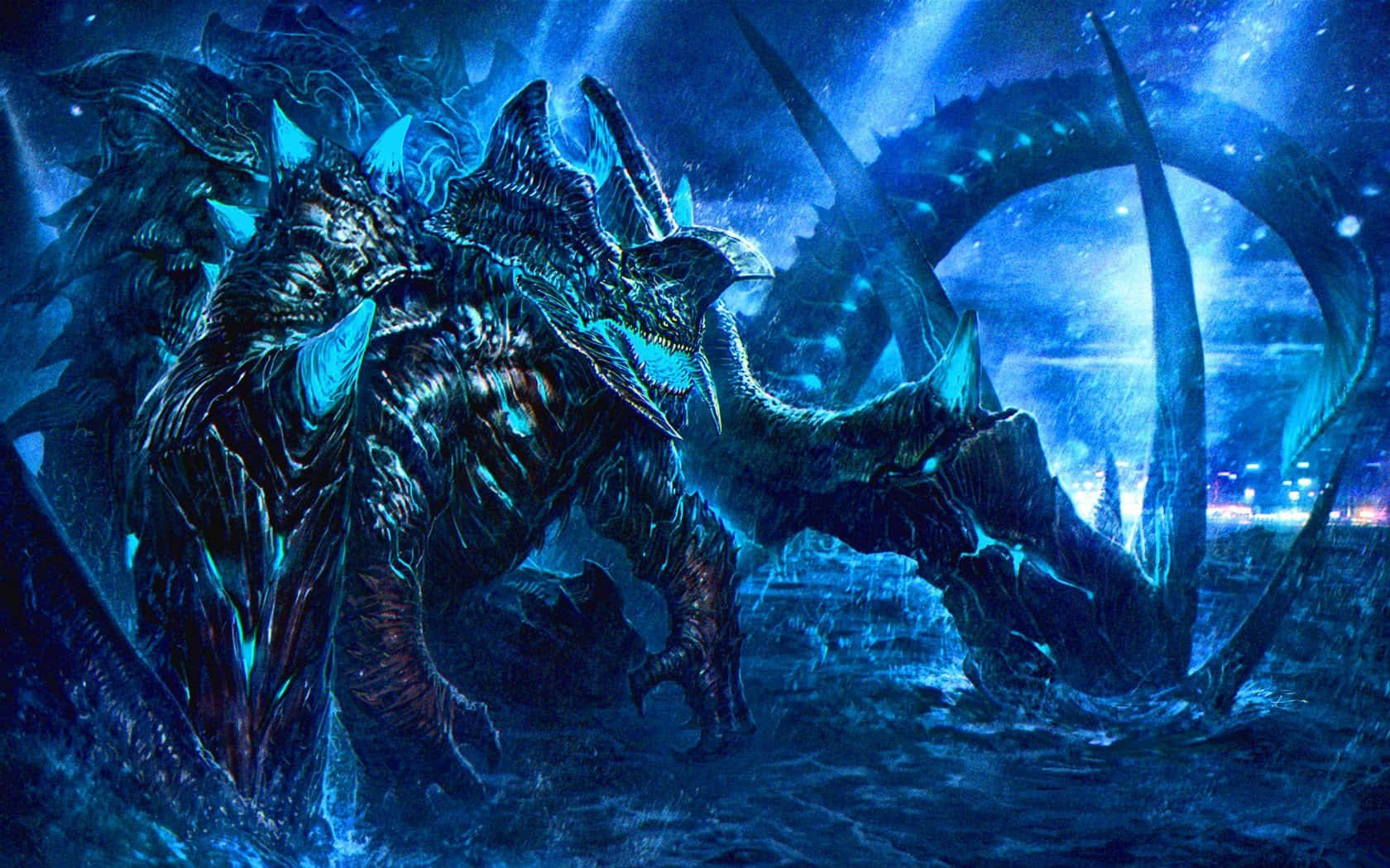 Kaiju, colossal armored dragon, glowing blue spikes, HD Desktop Wallpaper