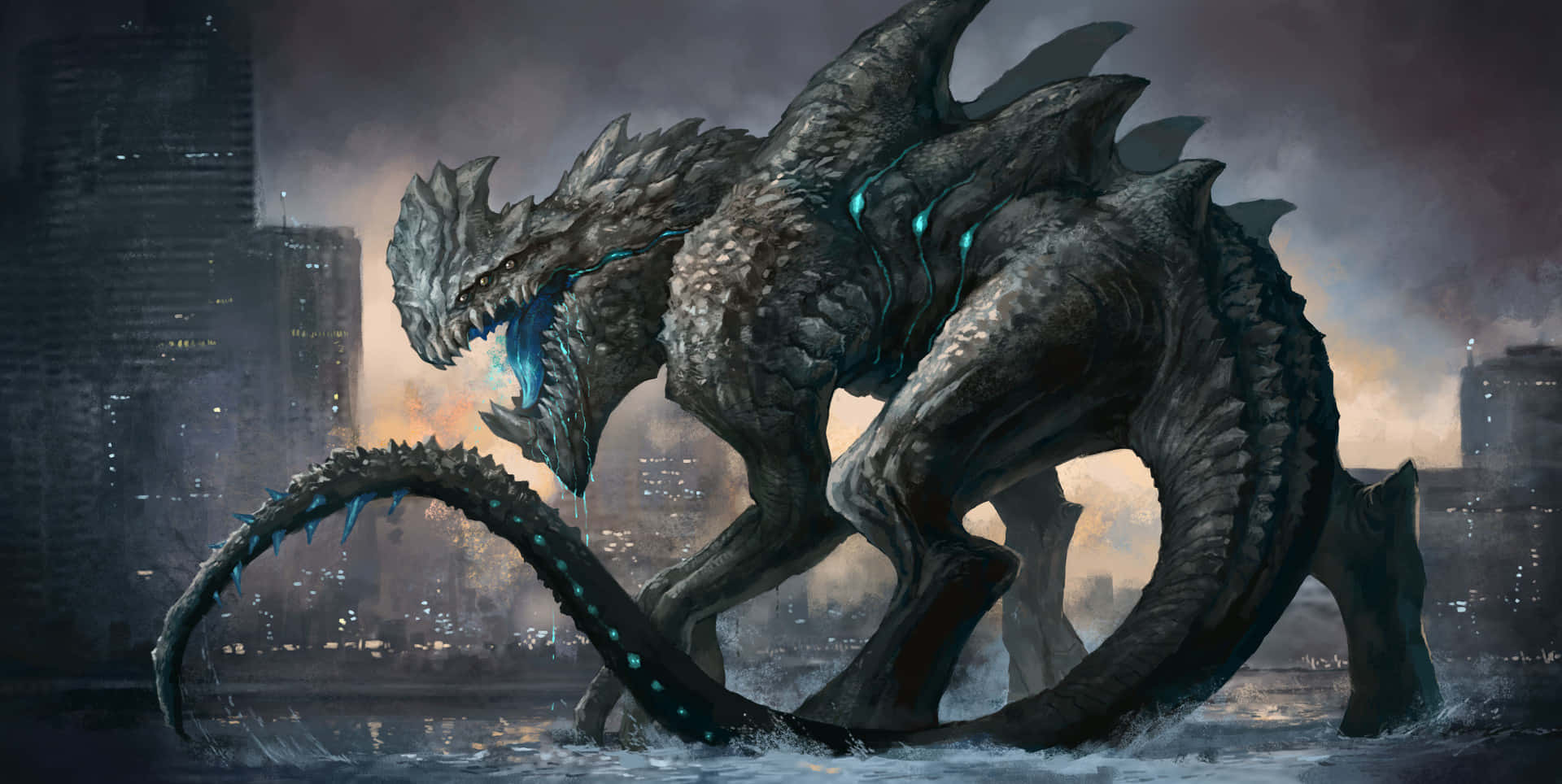 Kaiju, dark dragon, glowing blue veins, Full HD Desktop Wallpaper