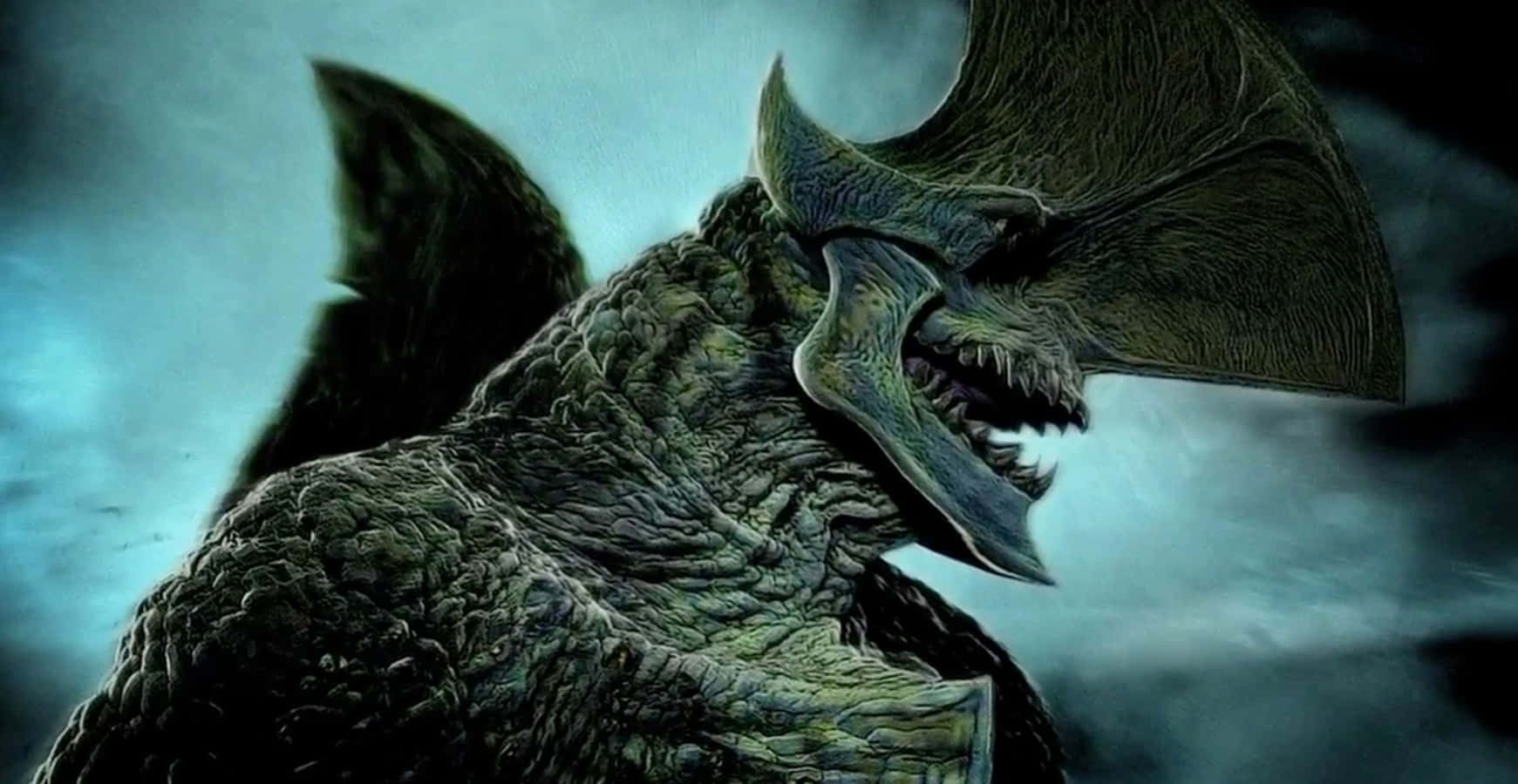 Kaiju, stormy teal sky, jagged horns, HD Desktop Wallpaper