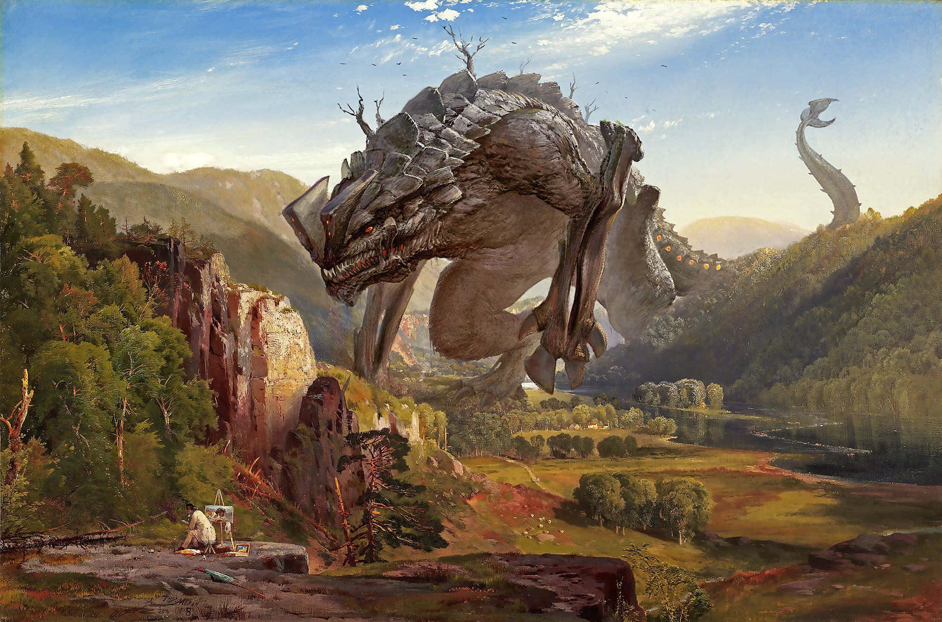 Kaiju, stone dragon, valley, Full HD Desktop Wallpaper