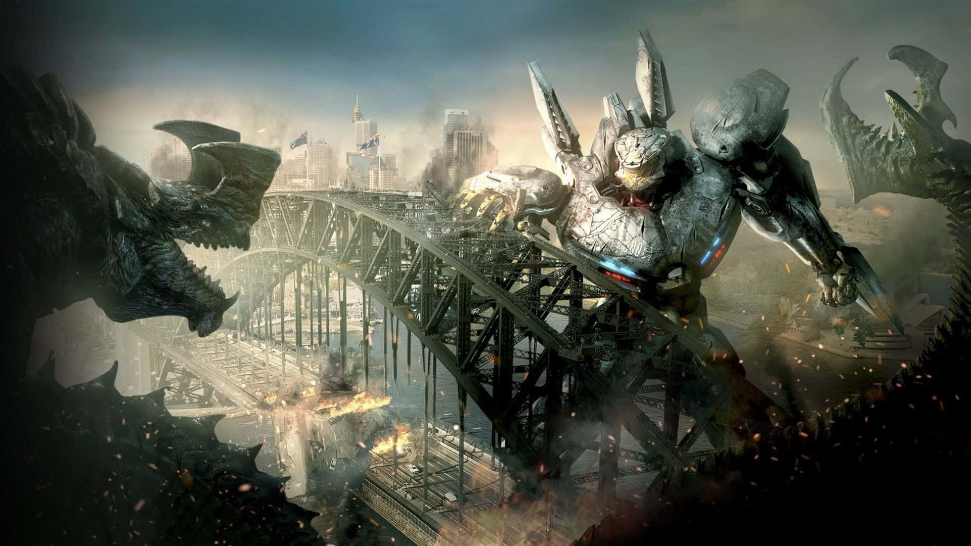 Kaiju, destroyed bridge, burning cityscape, Full HD Desktop Wallpaper
