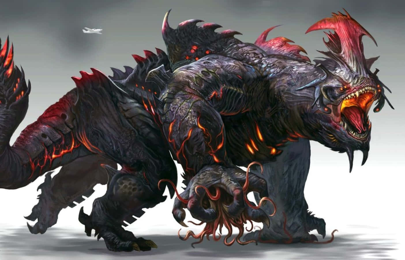 Kaiju, fiery dragon, glowing red eyes, HD Desktop Wallpaper