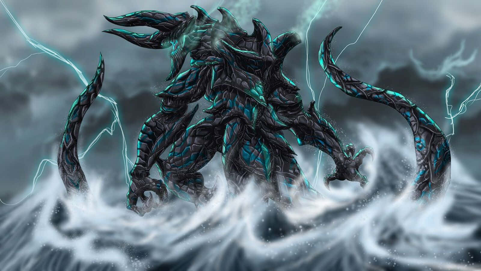 Kaiju, dark dragon, glowing teal scales, HD Desktop Wallpaper