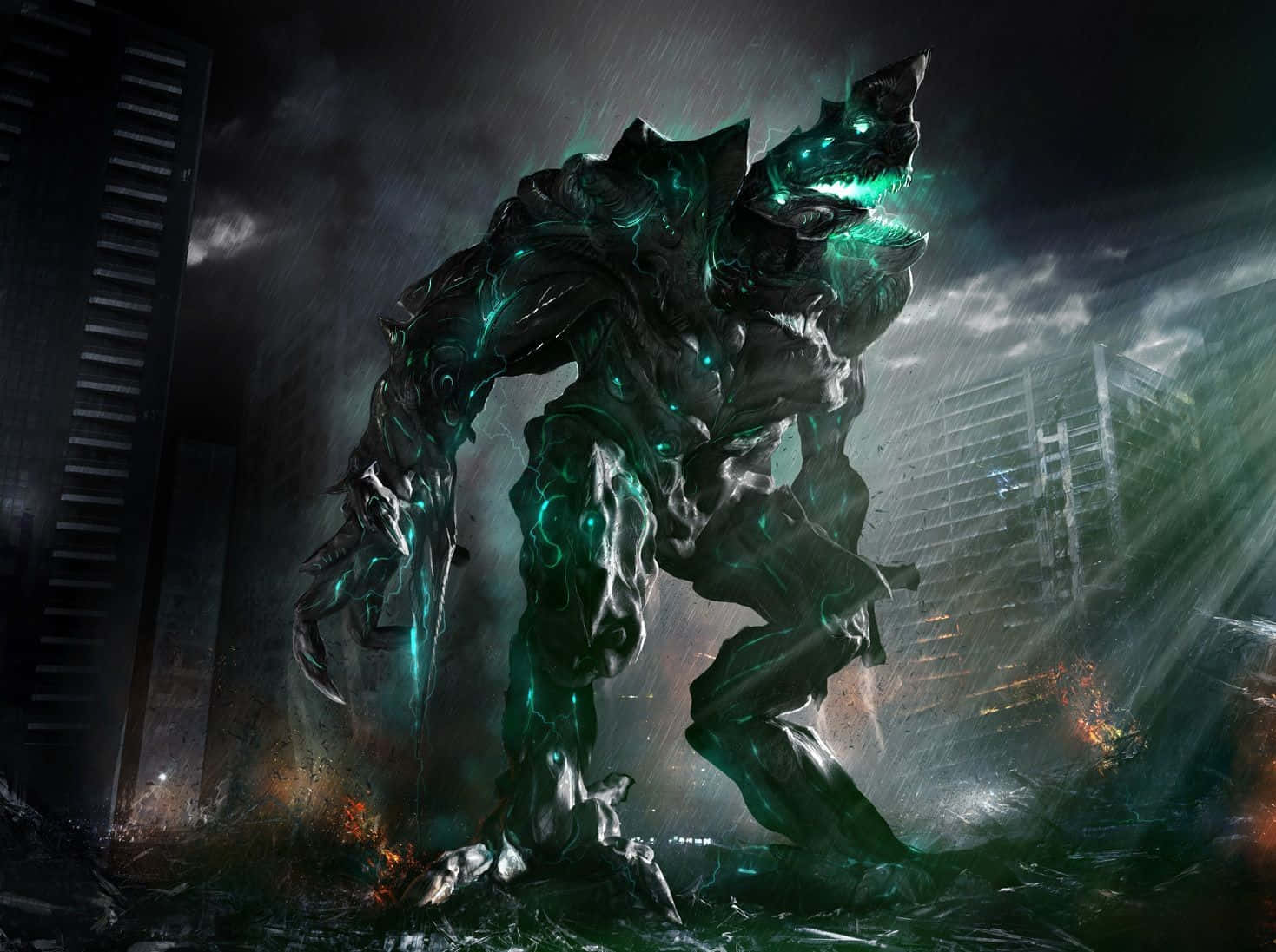 Kaiju, glowing green veins, rain-soaked ruined cityscape, HD Desktop Wallpaper