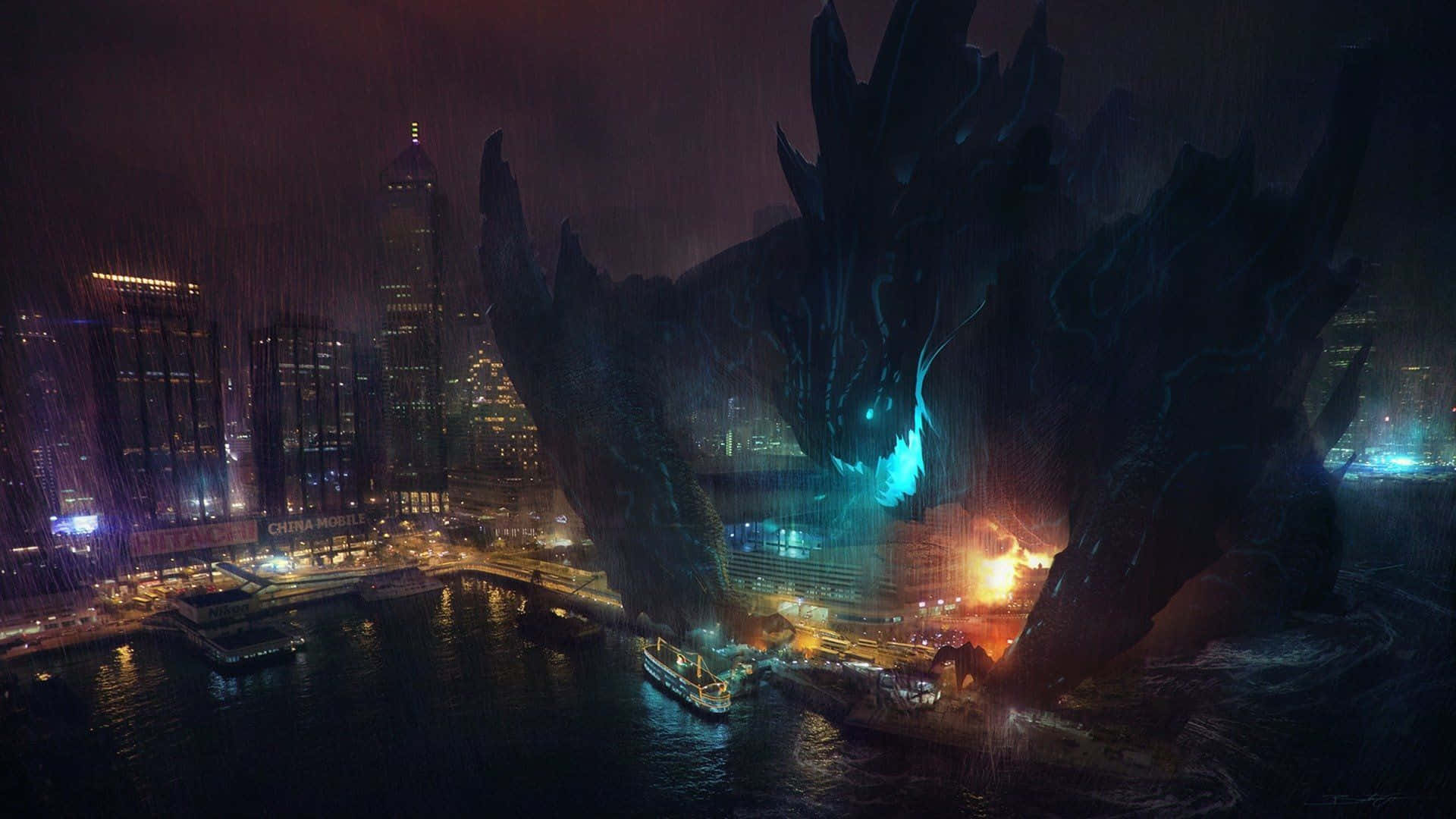 Kaiju, dark dragon, glowing blue eyes, Full HD Desktop Wallpaper