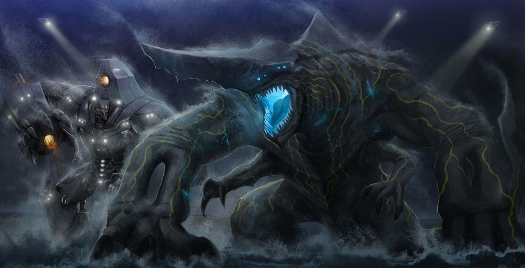 Kaiju, colossal dark monster, glowing blue mouth, HD Desktop Wallpaper