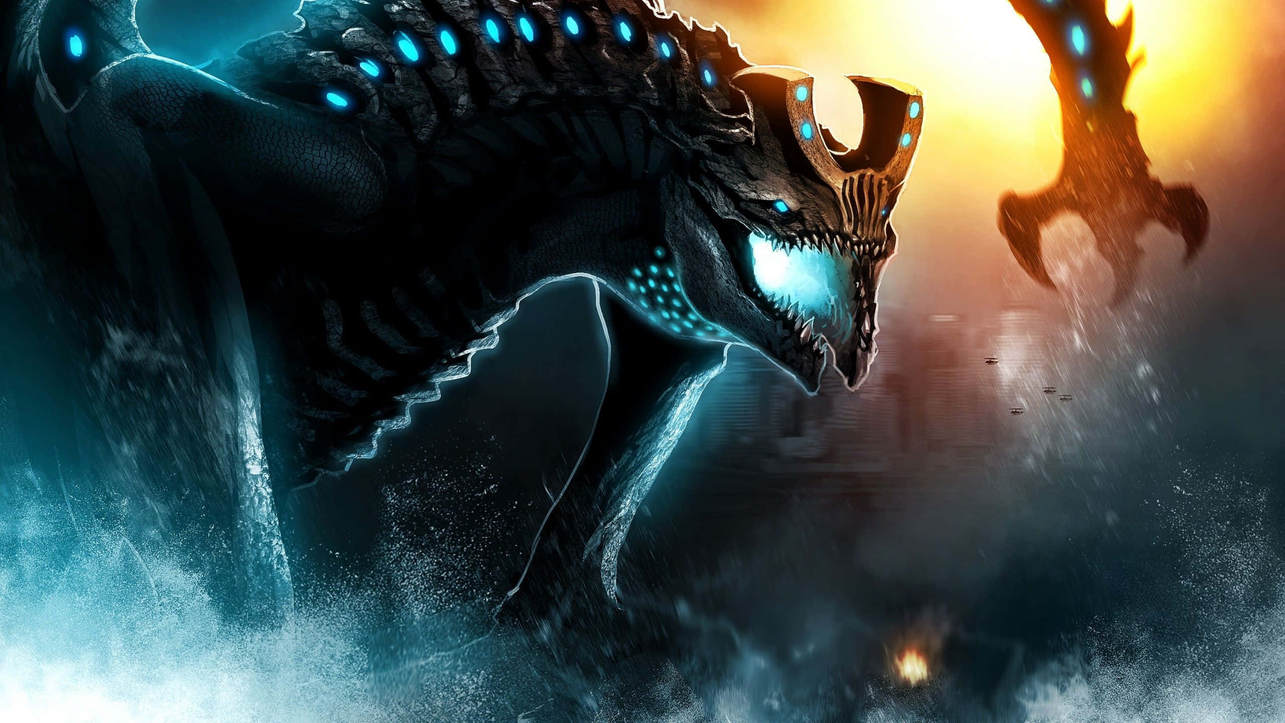 Kaiju, biomechanical monster, glowing blue eyes, 2K Desktop Wallpaper