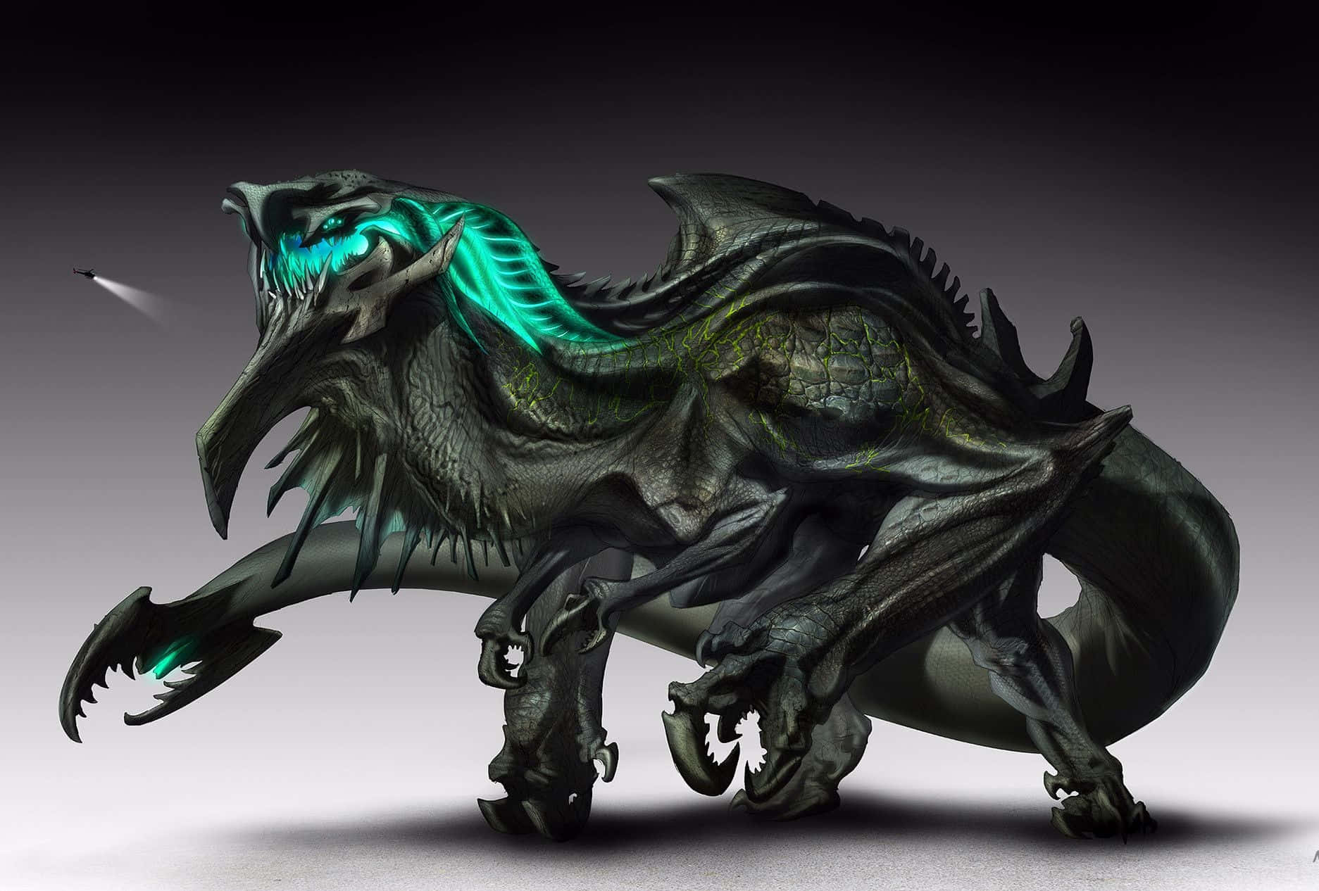 Kaiju, dark green dragon, glowing teal underbelly, HD Desktop Wallpaper