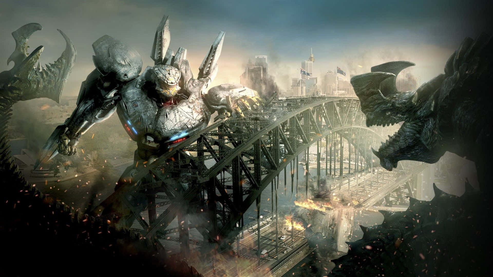 Kaiju, biomechanical kaiju, crumbling bridge, Full HD Desktop Wallpaper