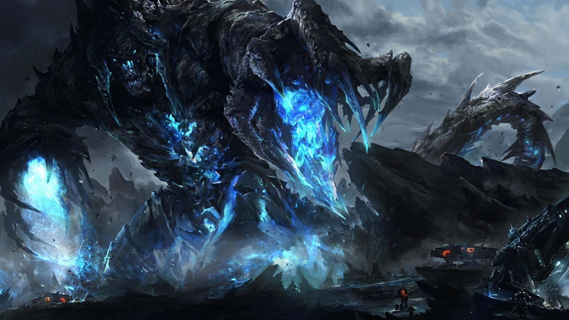 Kaiju, colossal dark dragon, glowing blue energy, Full HD Desktop Wallpaper