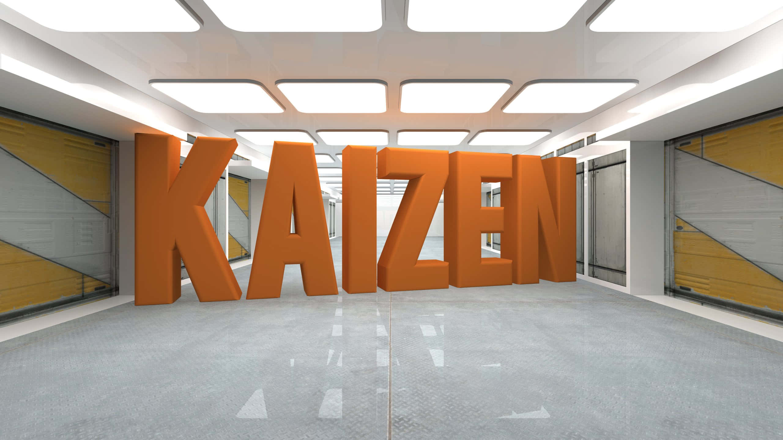Kaizen, orange 3D letters, sleek modern hallway, 2K Desktop Wallpaper