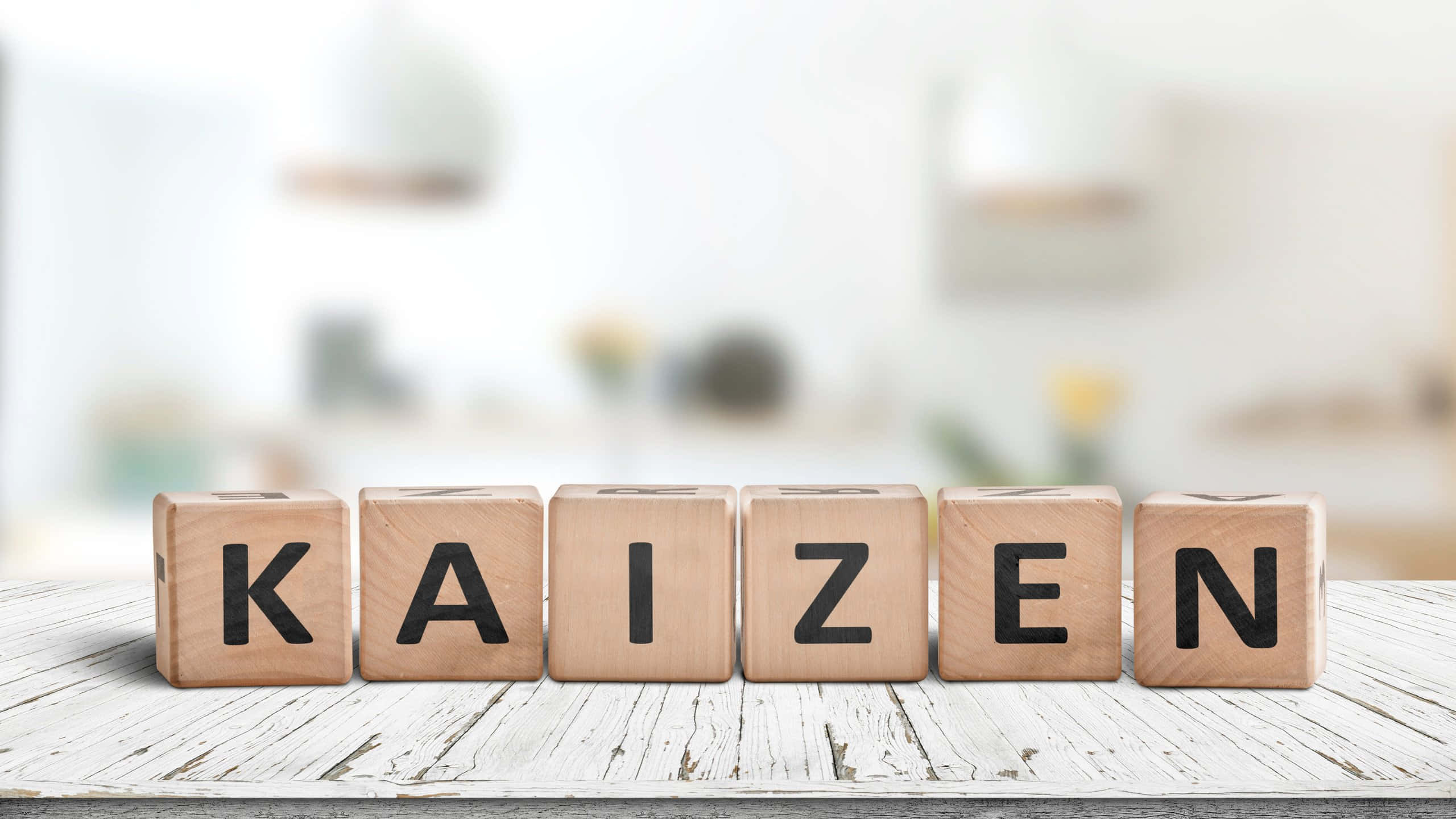 kaizen, wooden blocks, weathered white wooden surface, 2K Desktop Wallpaper