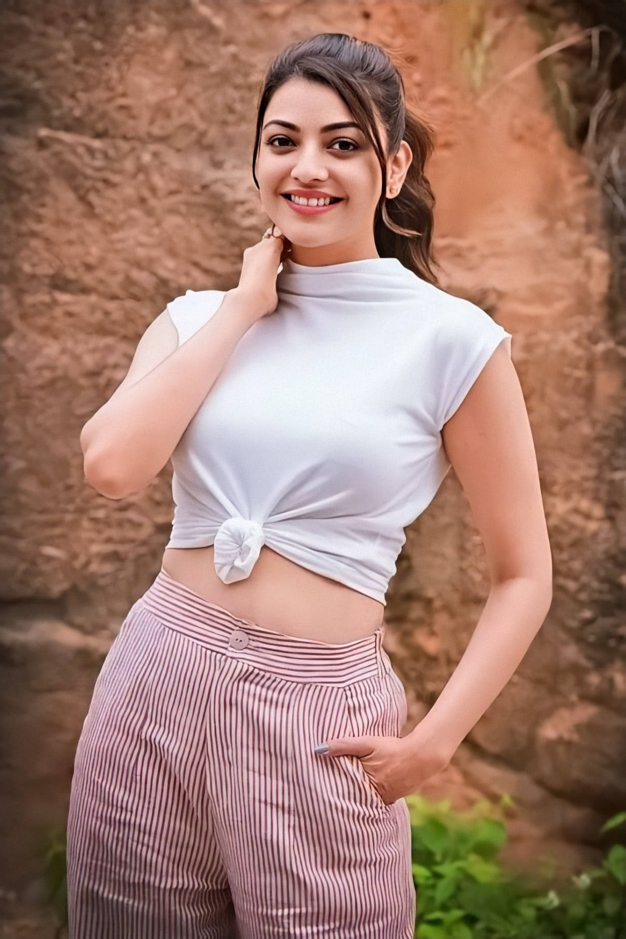 Kajal Agarwal, white knotted crop top, striped pants, HD Phone Wallpaper