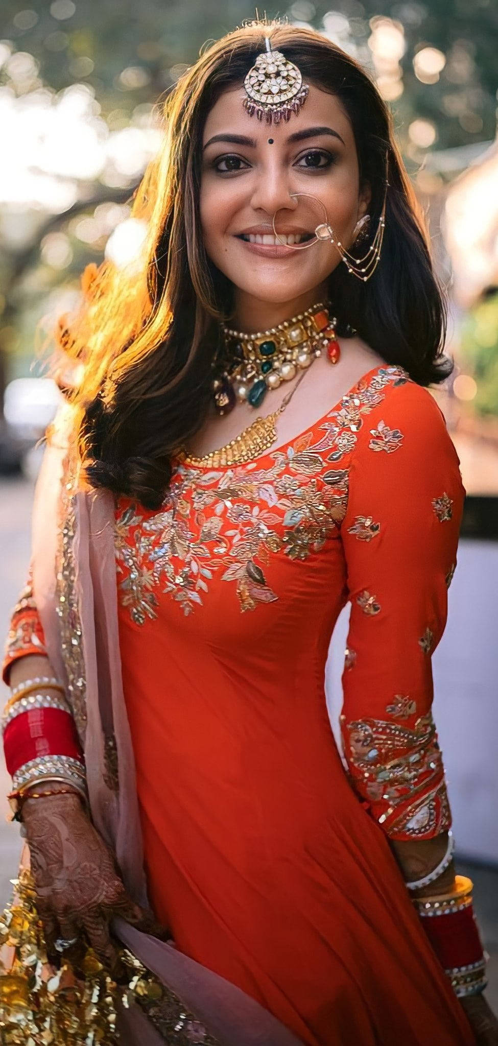 Kajal Agarwal, orange embroidered sari, smiling, Full HD Phone Wallpaper