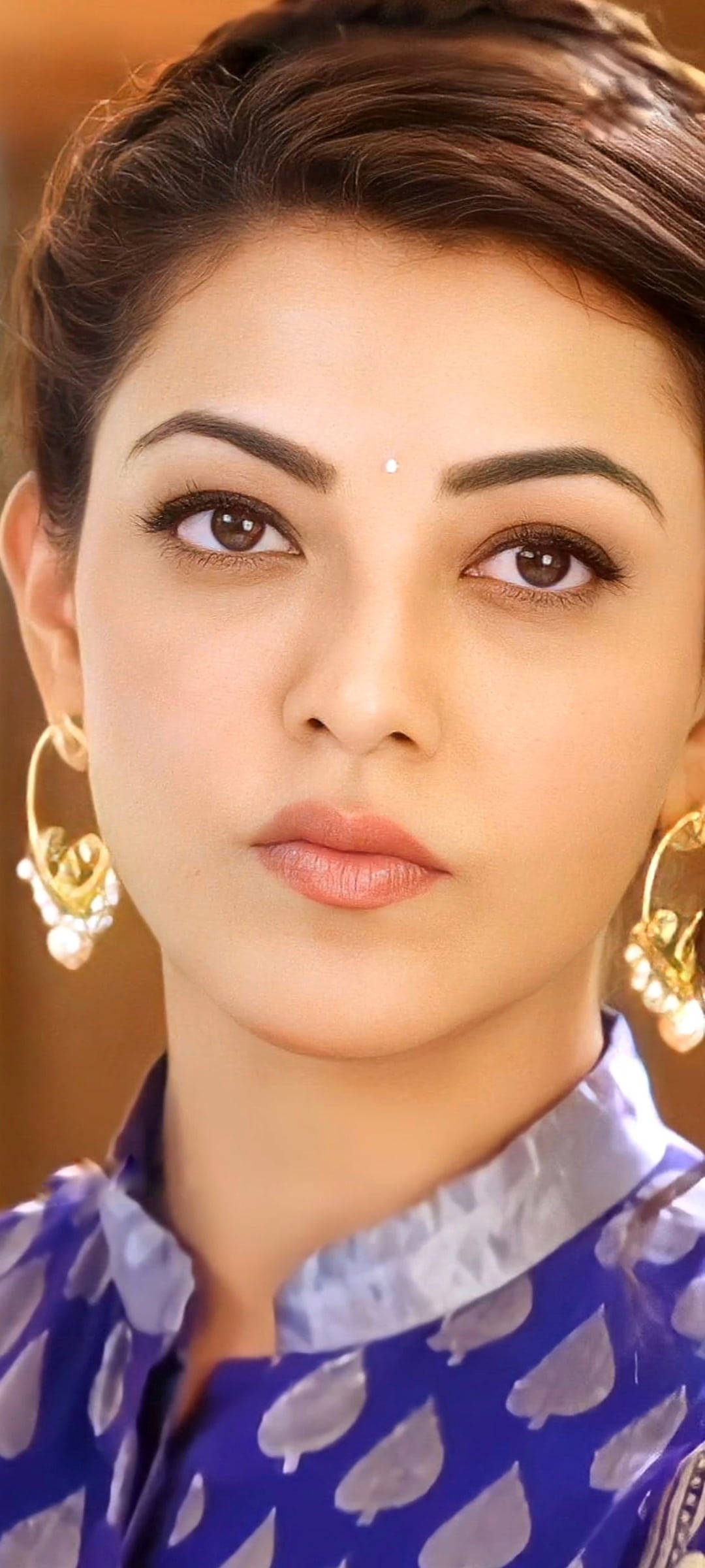 Kajal Agarwal, dark eyes, gold hoop earrings, Full HD Phone Wallpaper