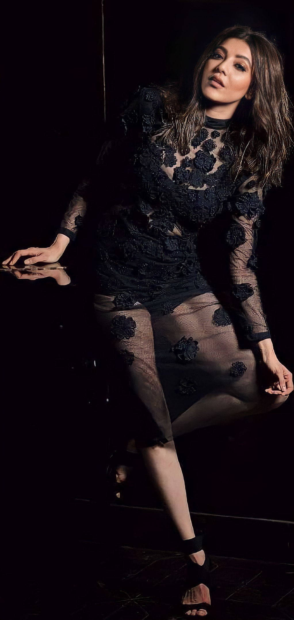 Kajal Agarwal, black lace dress, dark background, Full HD Phone Wallpaper